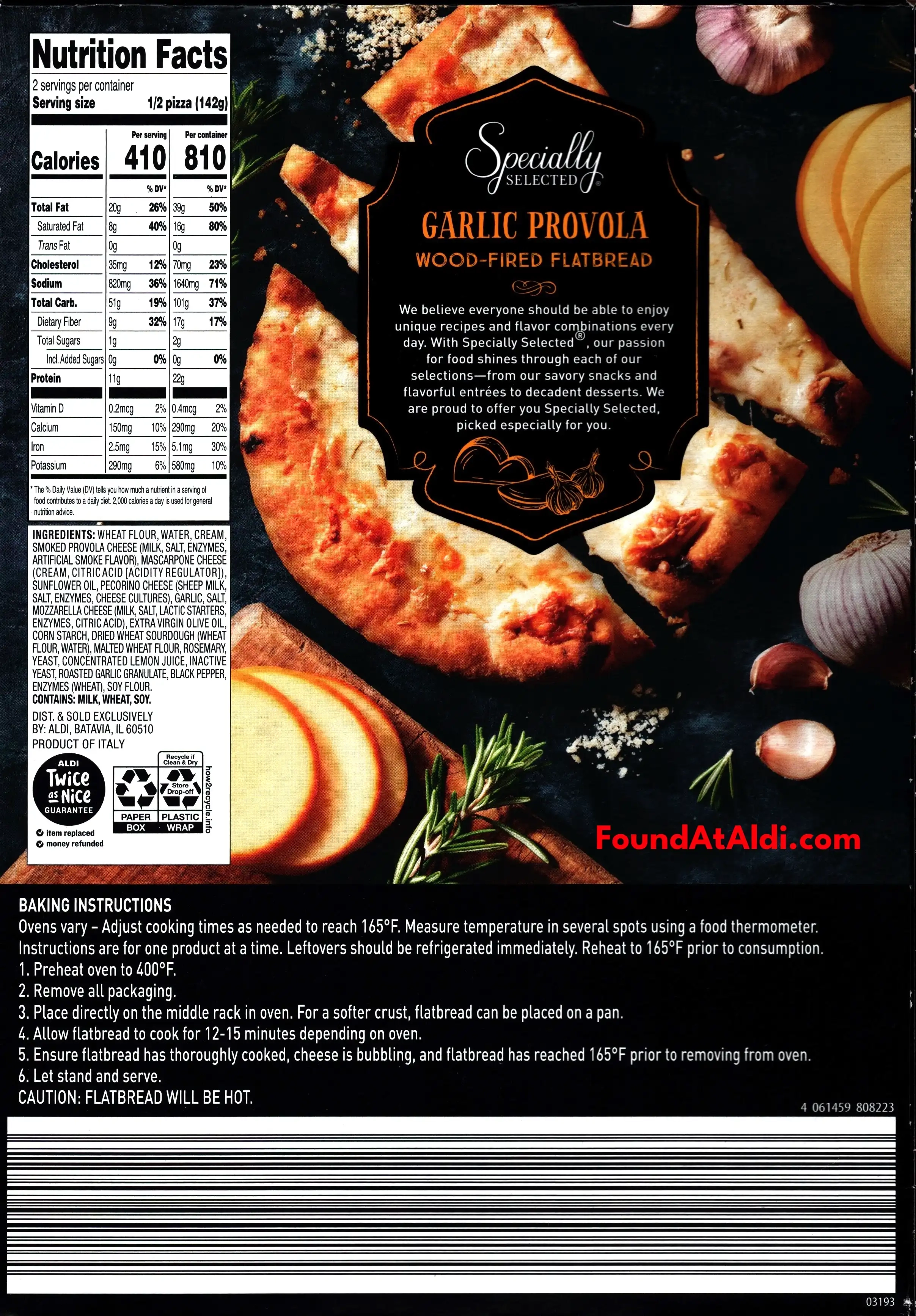 Specially Selected Garlic Provola Wood-Fired Flatbread Ingredients Nutrition Facts Cooking Directions