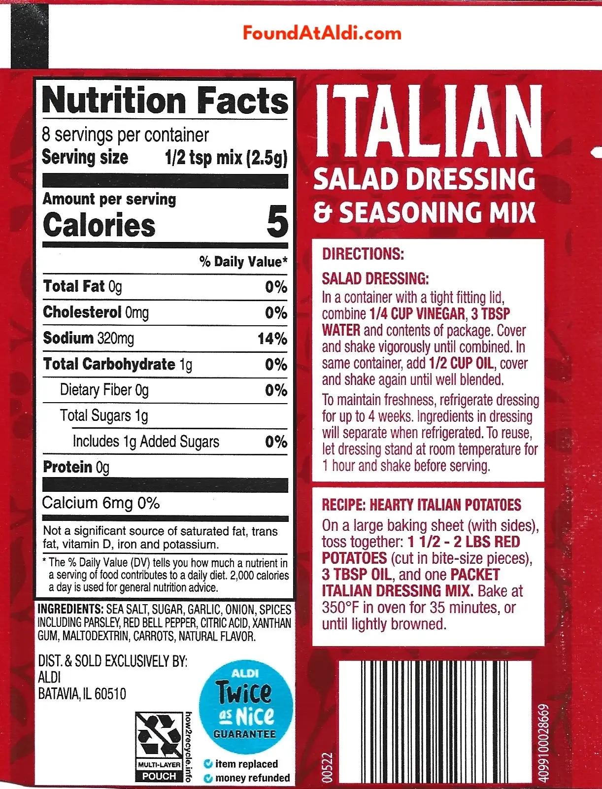 Tuscan Garden Italian Salad Dressing & Seasoning Mix Ingredients Nutrition Facts Cooking Directions