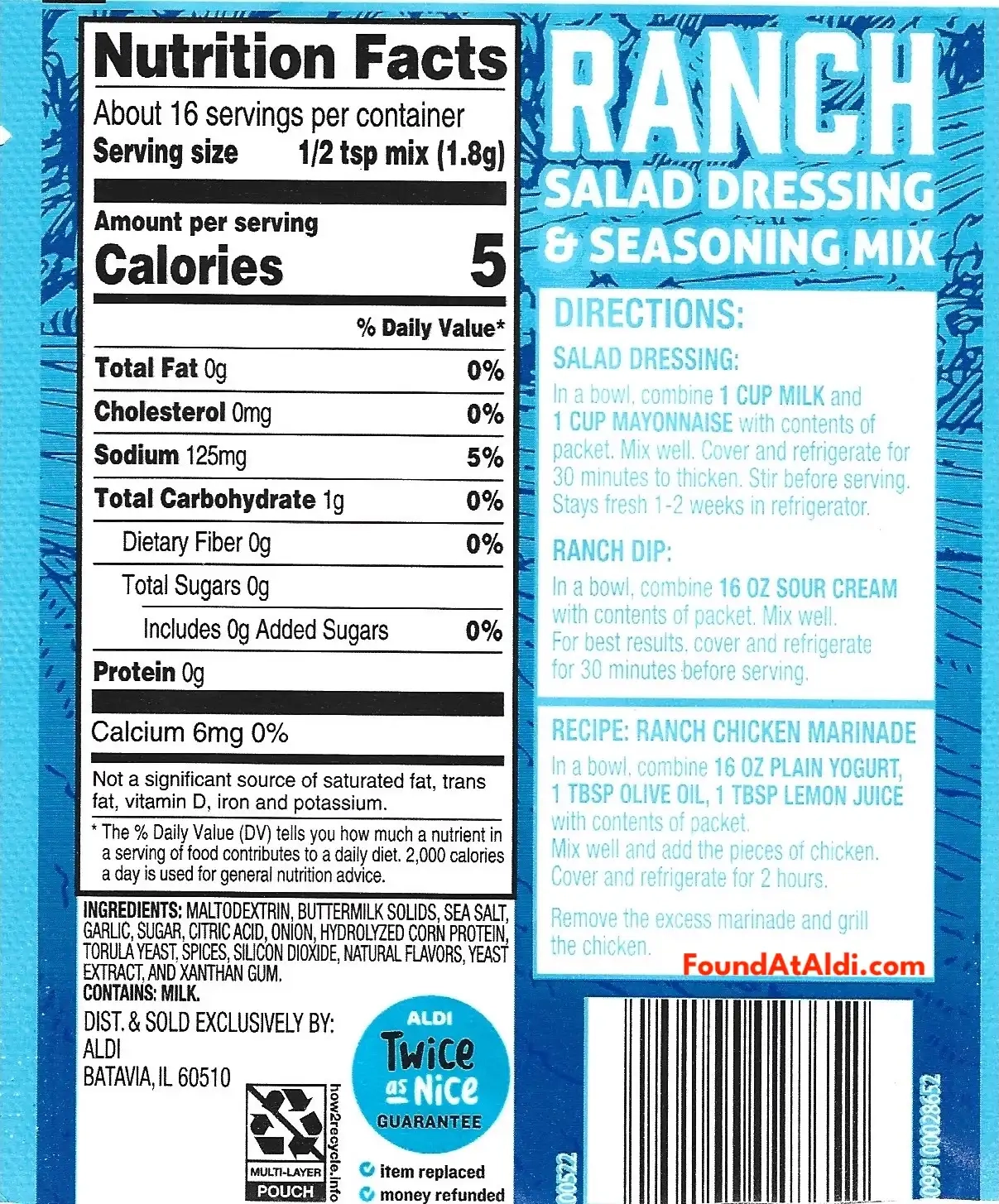 Tuscan Garden Ranch Salad Dressing & Seasoning Mix Ingredients Nutrition Facts Cooking Directions