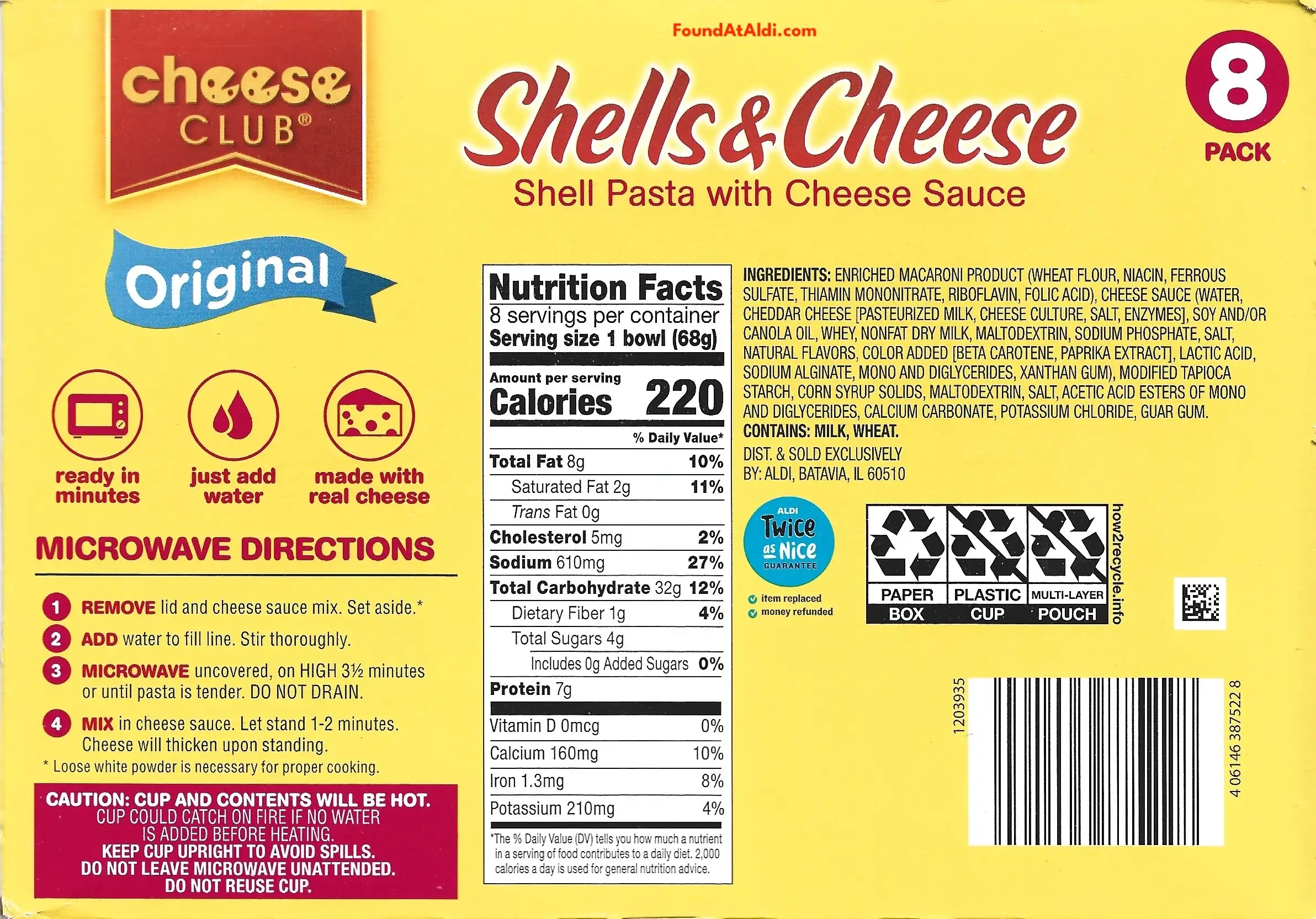 Cheese Club Microwaveable Shells & Cheese Cups Ingredients Nutrition Facts Cooking Directions