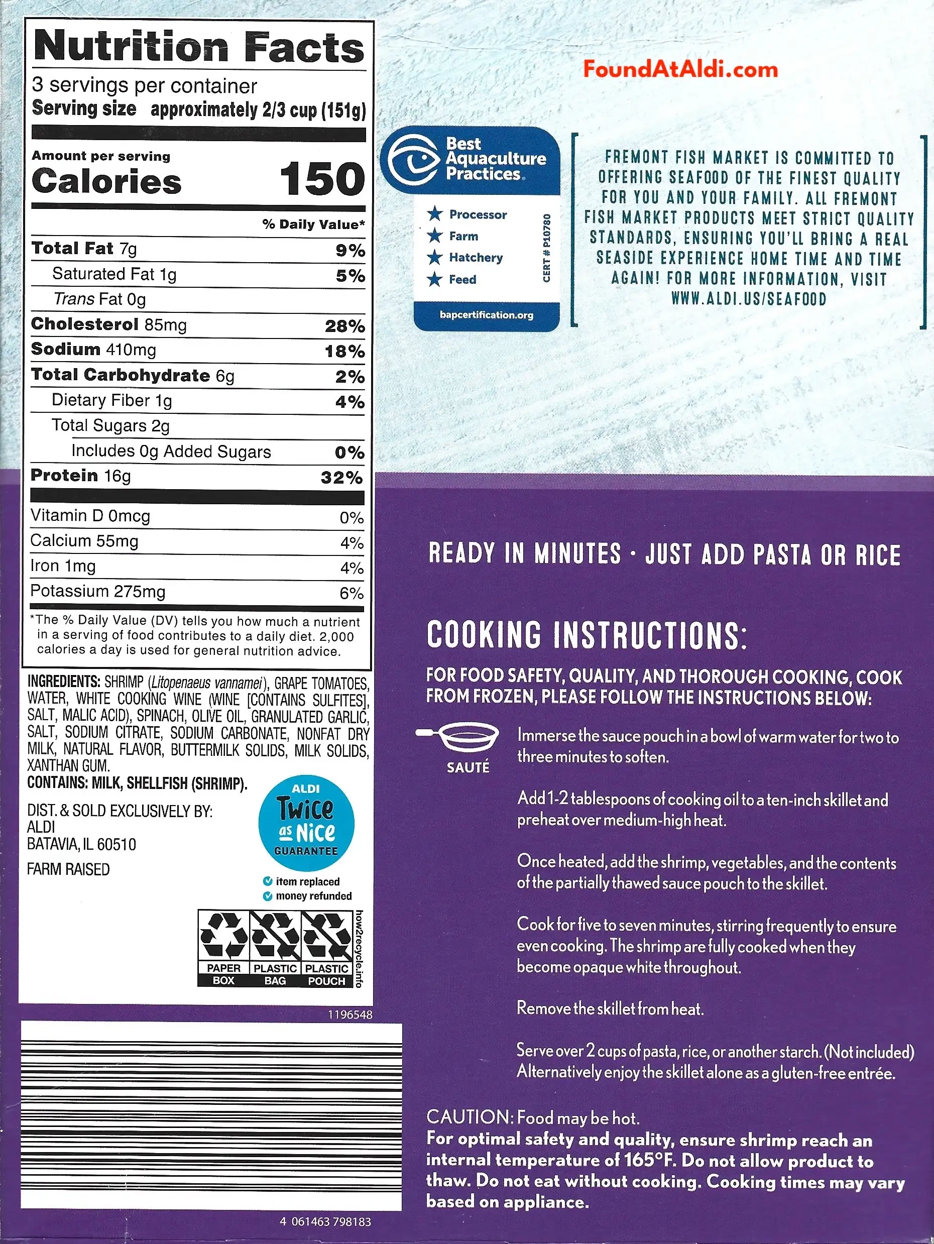 Fremont Fish Market Shrimp Skillet Scampi Ingredients Nutrition Facts Cooking Directions