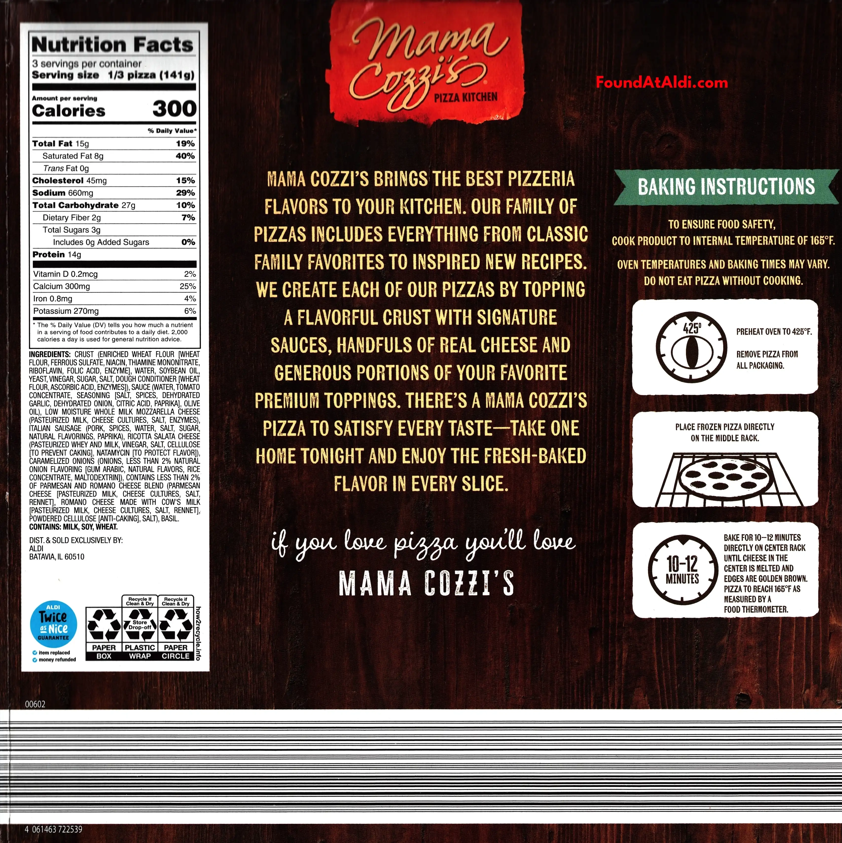 Mama Cozzi's Thin Crust Sausage Ricotta Pizza Ingredients Nutrition Facts Cooking Directions