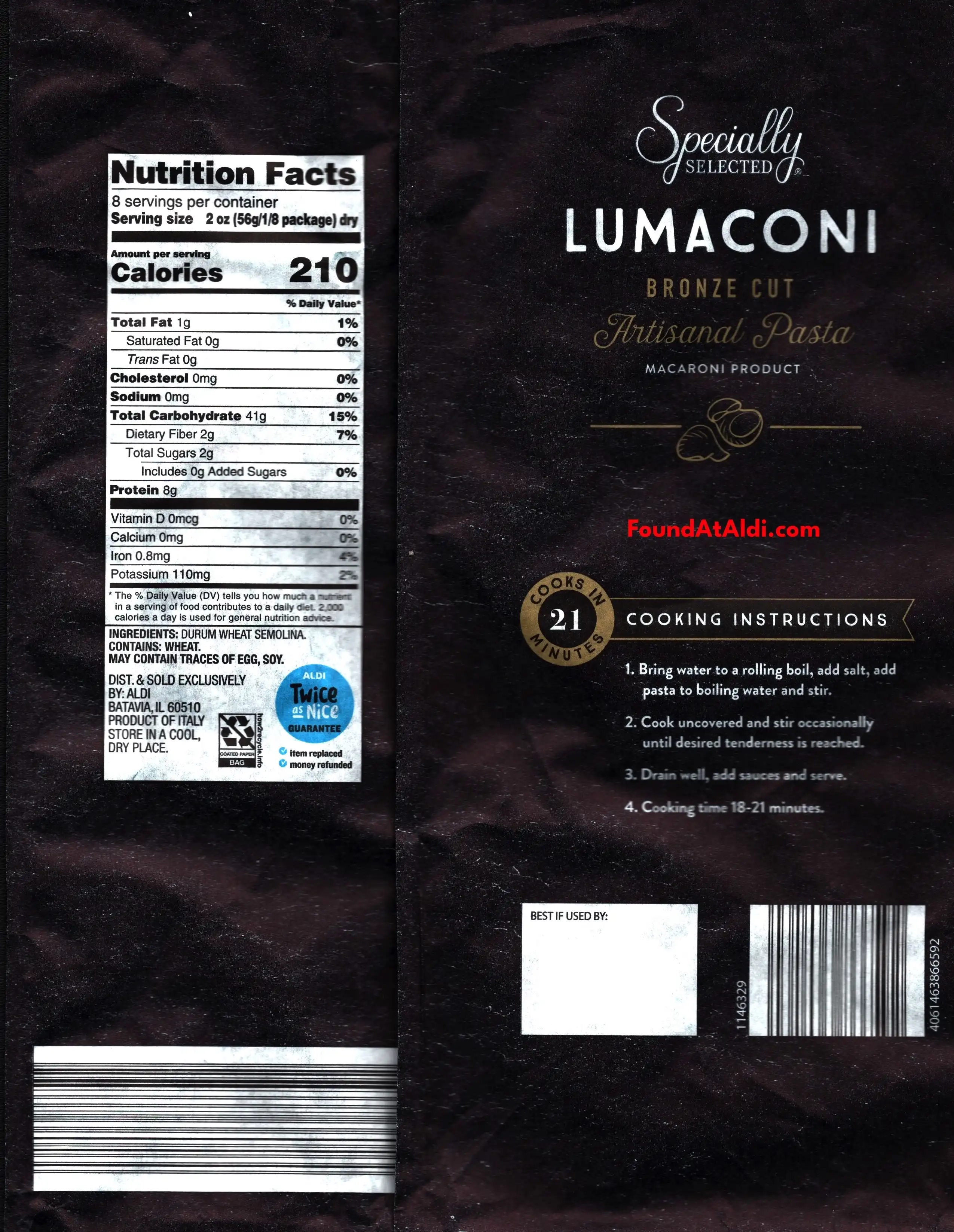 Specially Selected Lumaconi Ingredients Nutrition Facts Cooking Directions