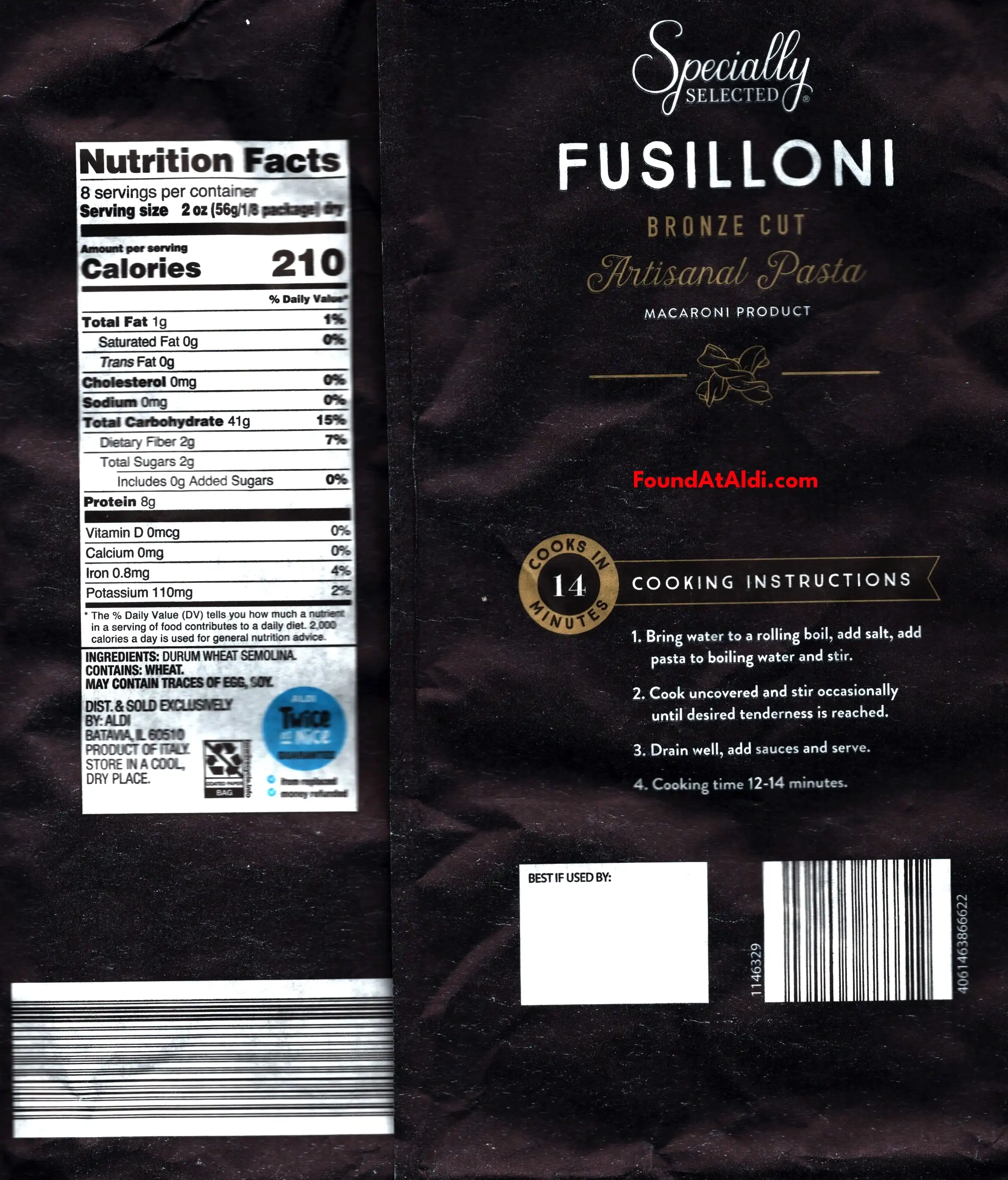 Specially Selected Fusilloni Ingredients Nutrition Facts Cooking Directions