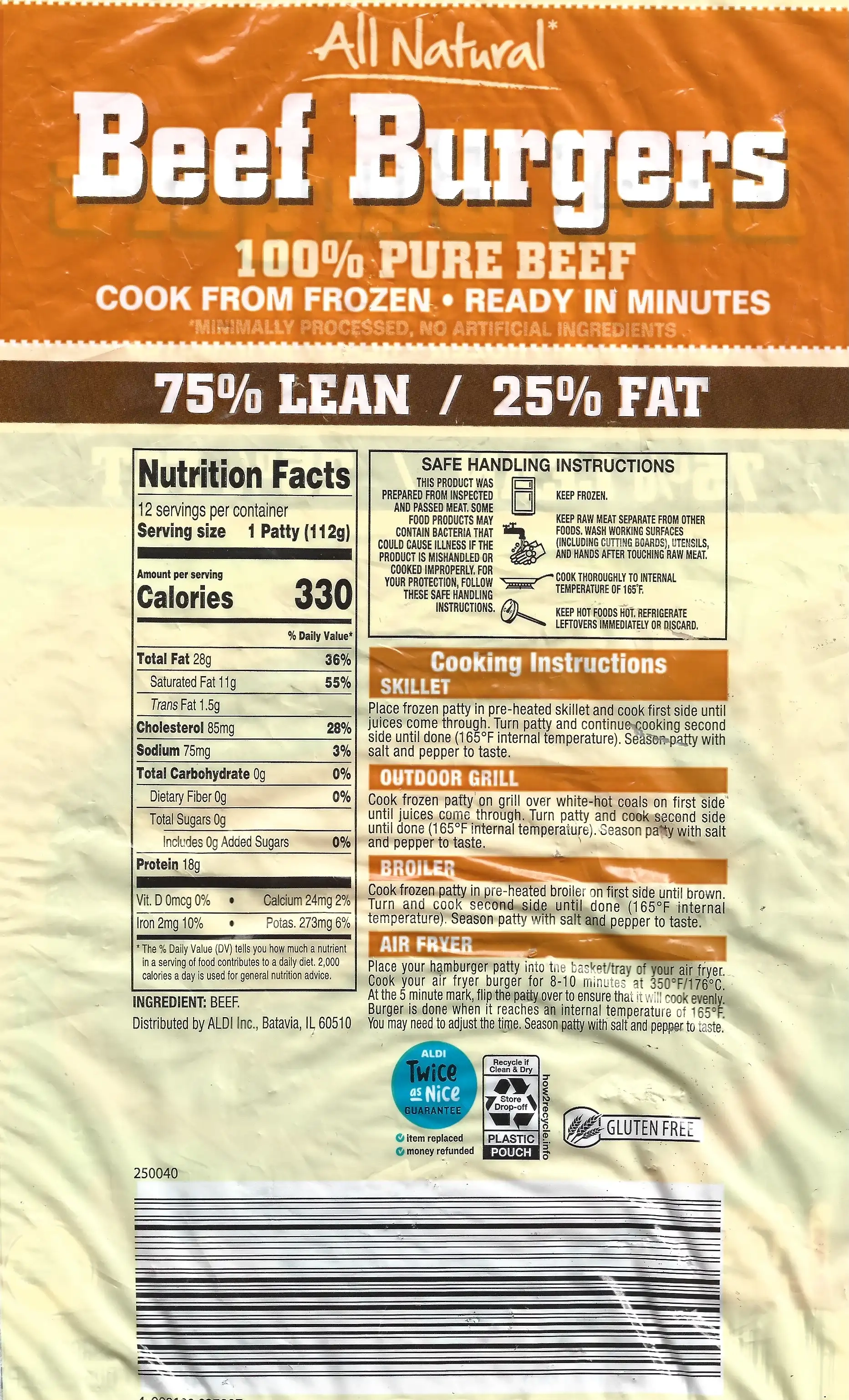 All Natural Beef Burgers 75% Lean / 25% Fat Ingredients Nutrition Facts Cooking Directions