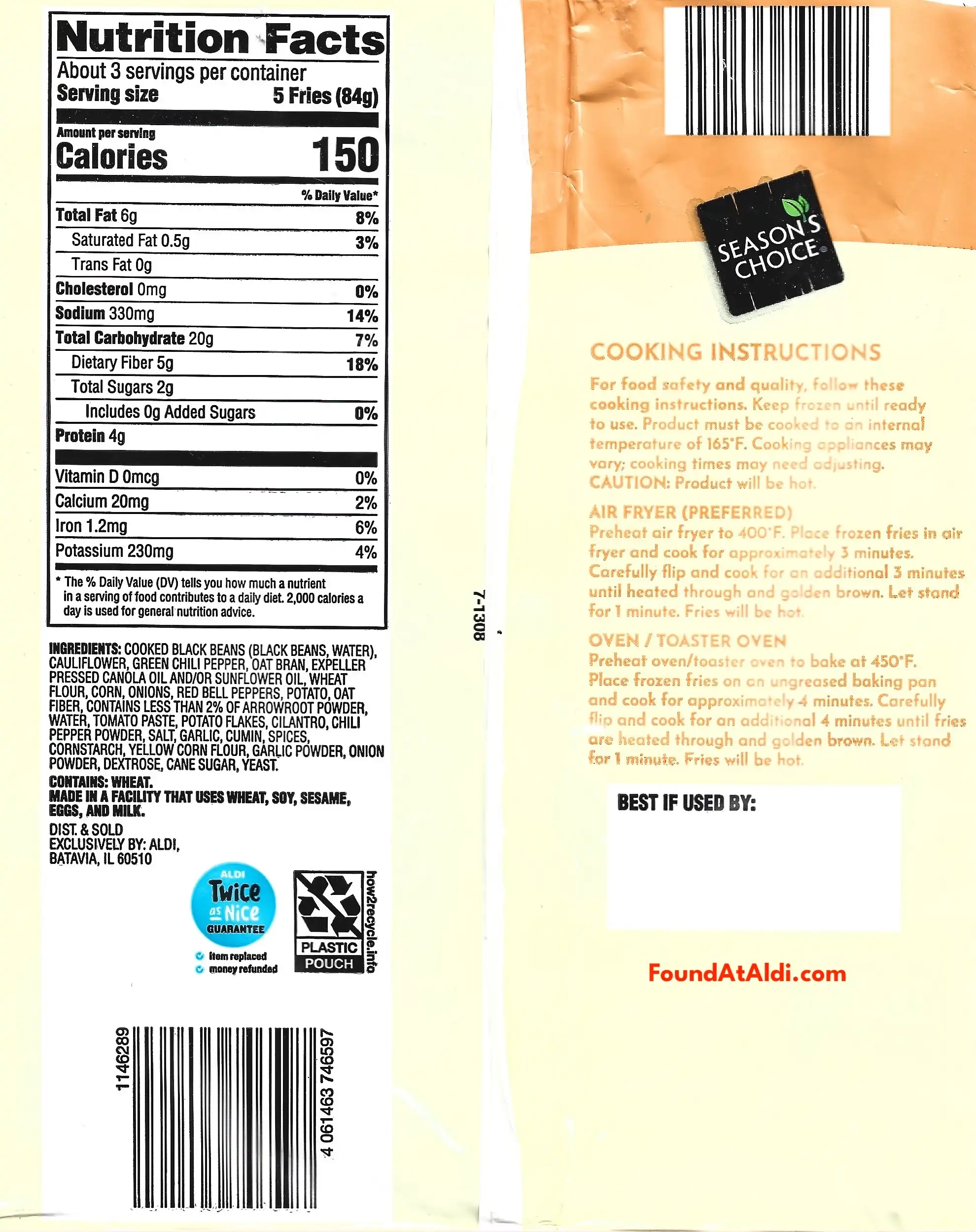 Season's Choice Crunch Black Bean Veggie Fries Ingredients Nutrition Facts Cooking Directions