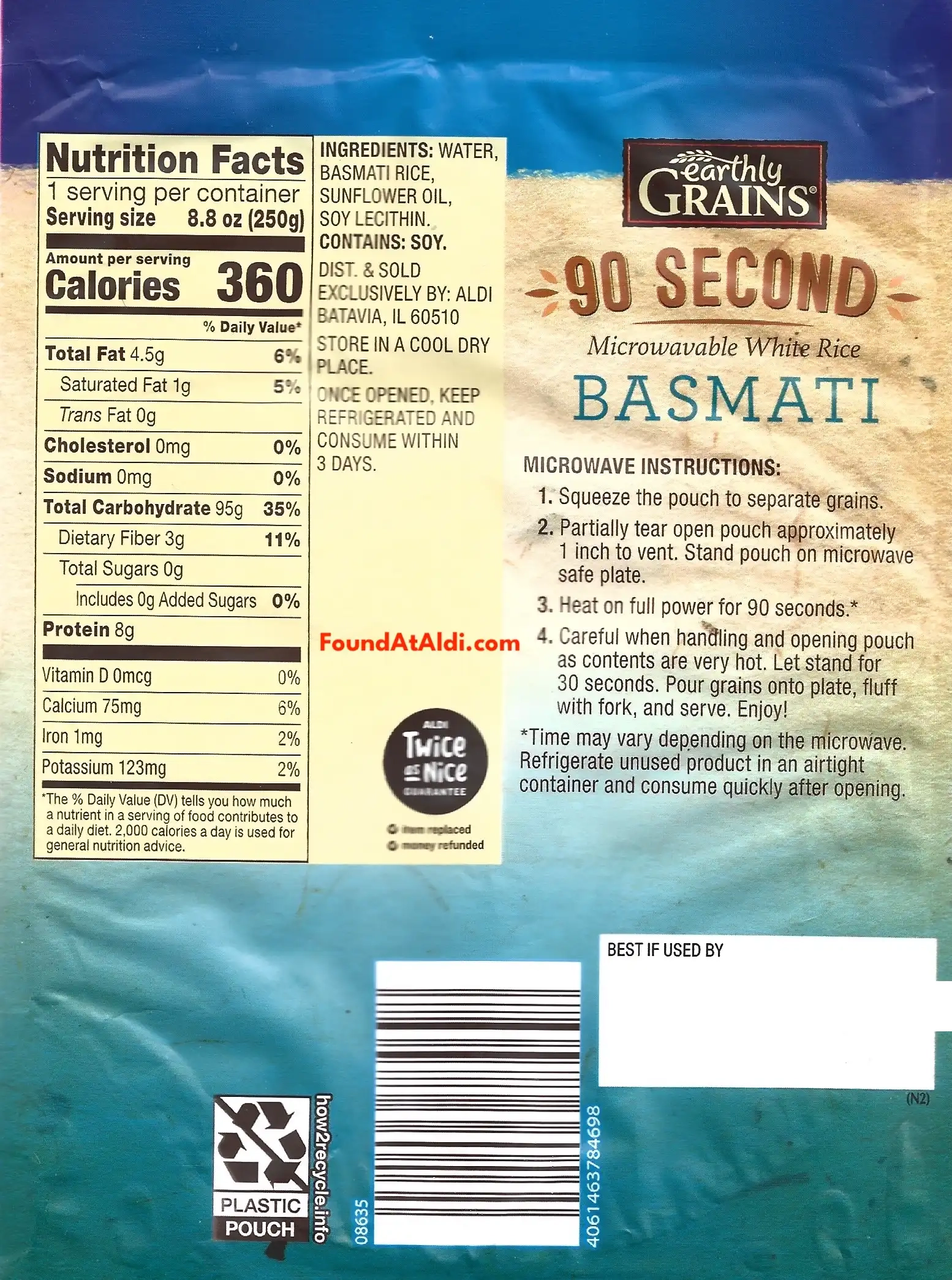 Earthly Grains 90 Second Microwavable Basmati Rice Ingredients Nutrition Facts Cooking Directions