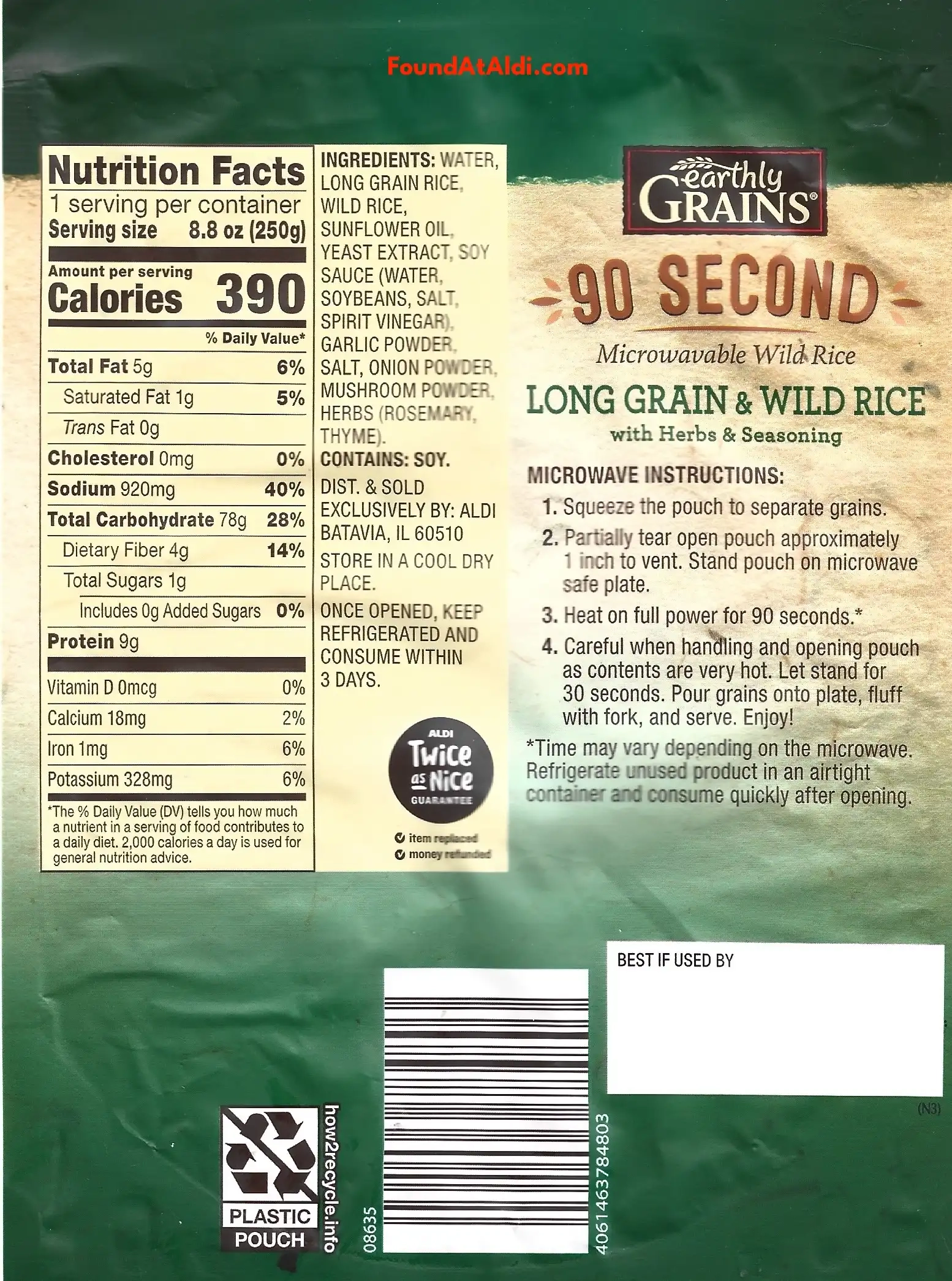 Earthly Grains 90 Second Microwavable Basmati Rice Ingredients Nutrition Facts Cooking Directions