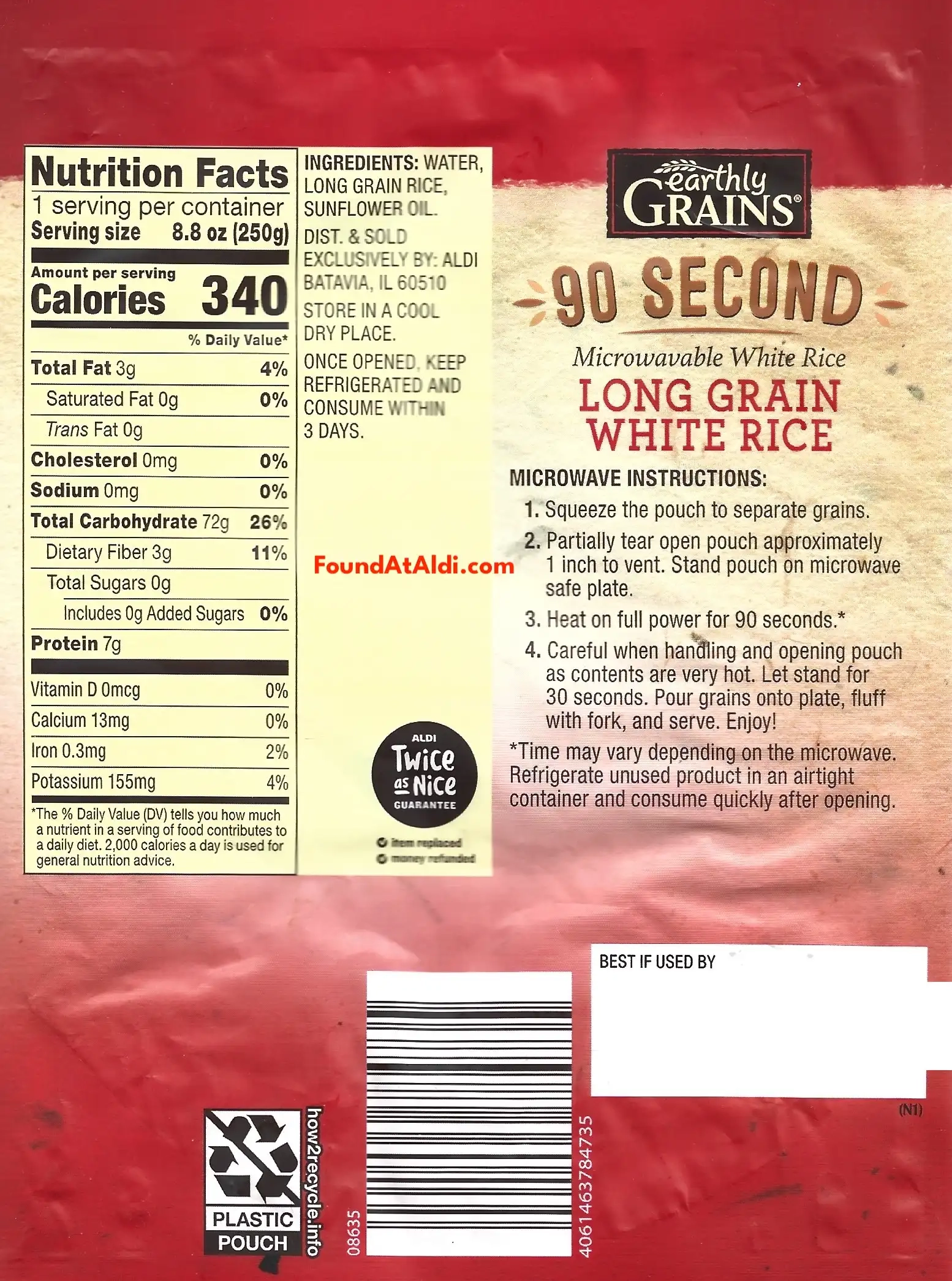 Earthly Grains 90 Second Microwavable Long Grain White Rice Ingredients Nutrition Facts Cooking Directions