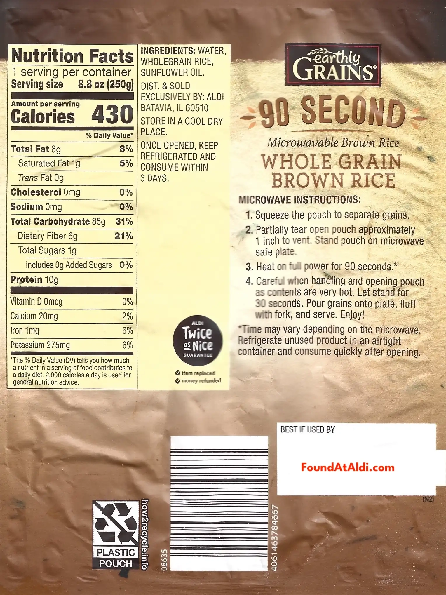 Earthly Grains 90 Second Microwavable Whole Grain Brown Rice Ingredients Nutrition Facts Cooking Directions