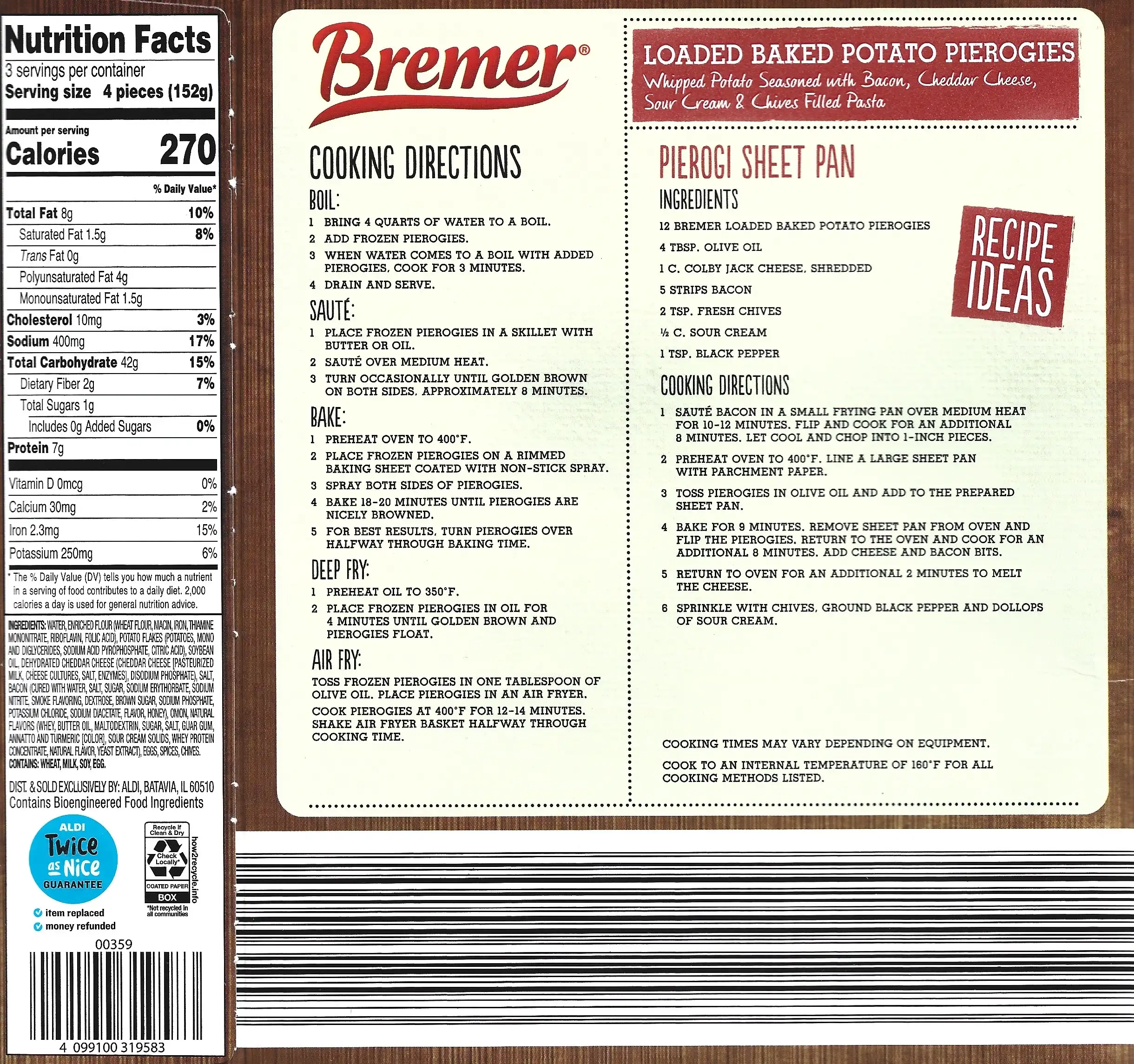 Bremer Loaded Baked Potato Pierogies Nutrition Facts Ingredients Cooking Directions