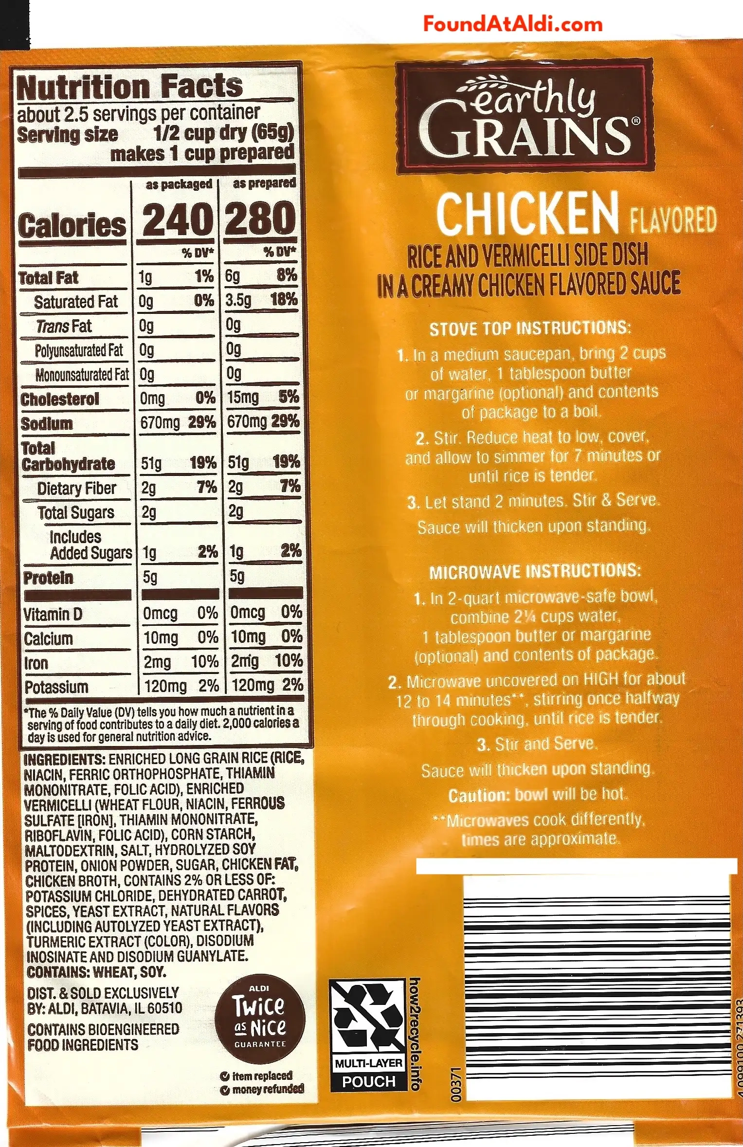 Earthly Grains Chicken Flavored Rice Ingredients Nutrition Facts Cooking Directions