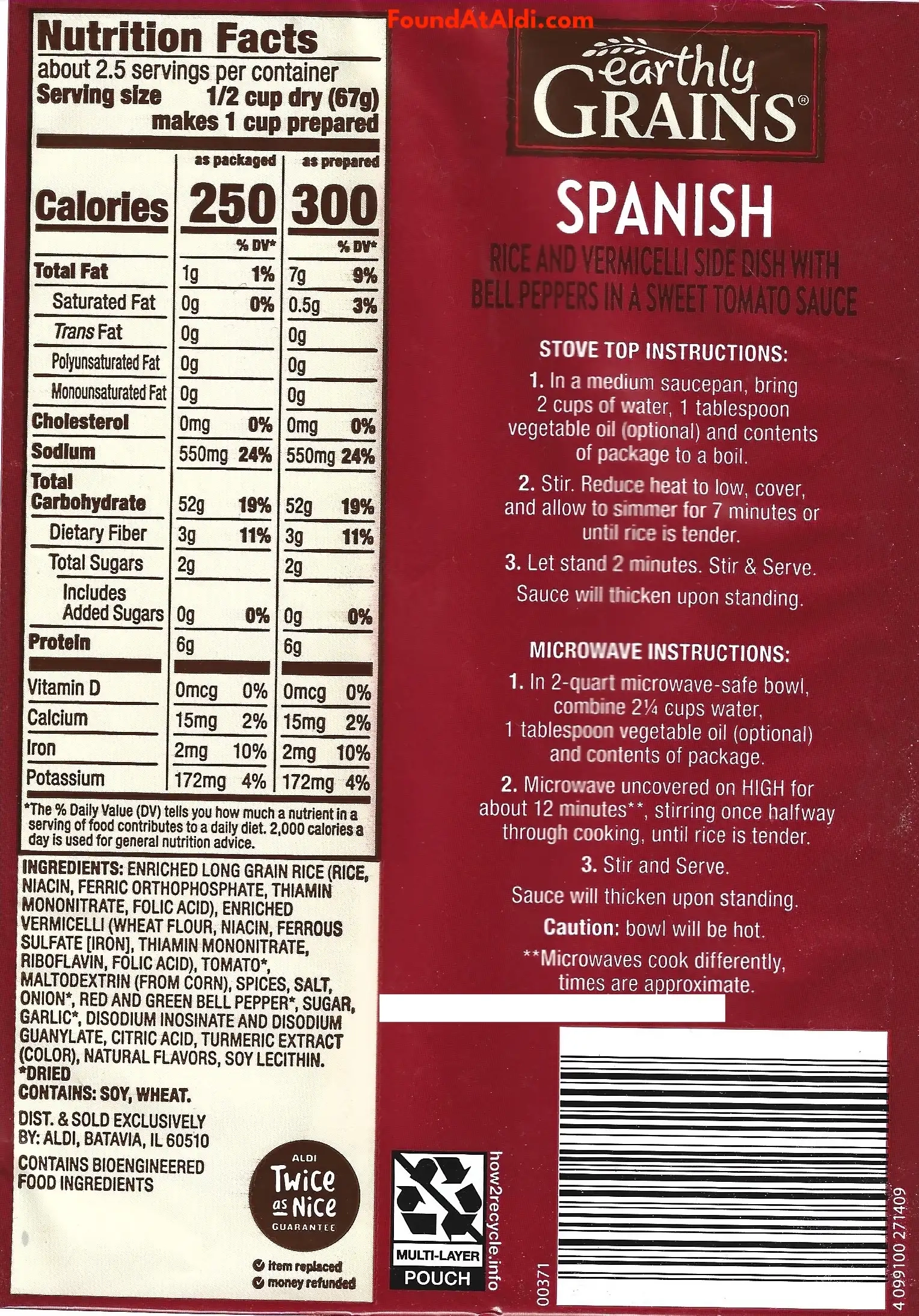 Earthly Grains Spanish Rice Ingredients Nutrition Facts Cooking Directions