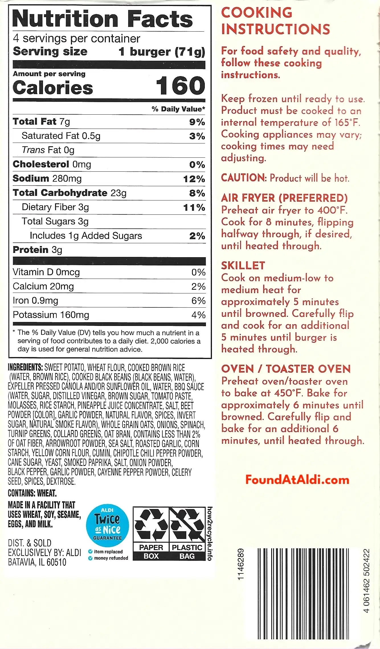 Season's Choice Crunchy BBQ Sweet Potato Veggie Burgers Ingredients Nutrition Facts Cooking Directions