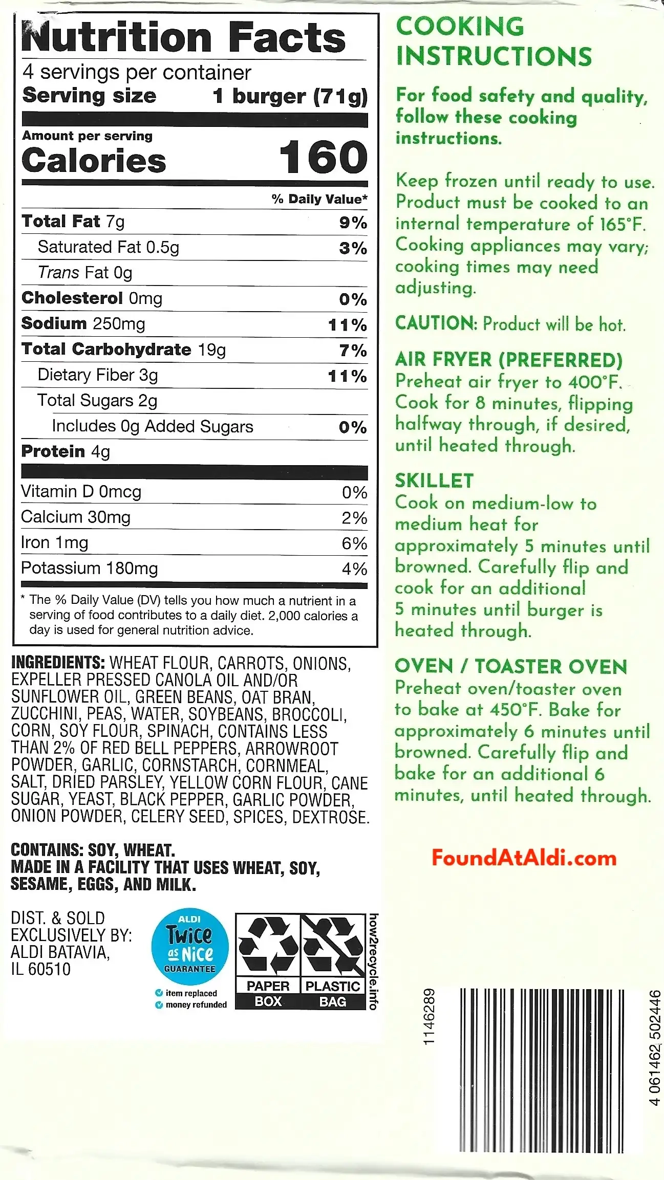 Season's Choice Crunchy California Veggie Burgers Ingredients Nutrition Facts Cooking Directions