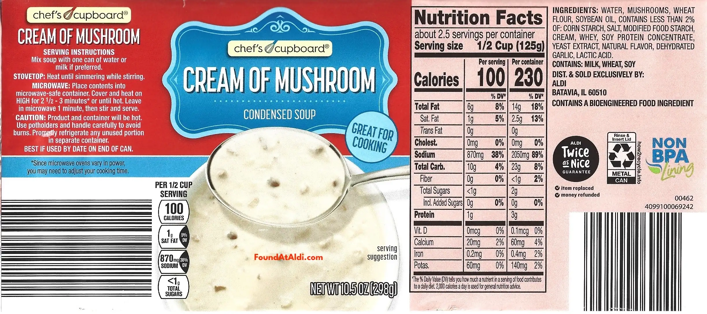 Chef's Cupboard Cream Of Mushroom Soup Ingredients Nutrition Facts Cooking Directions