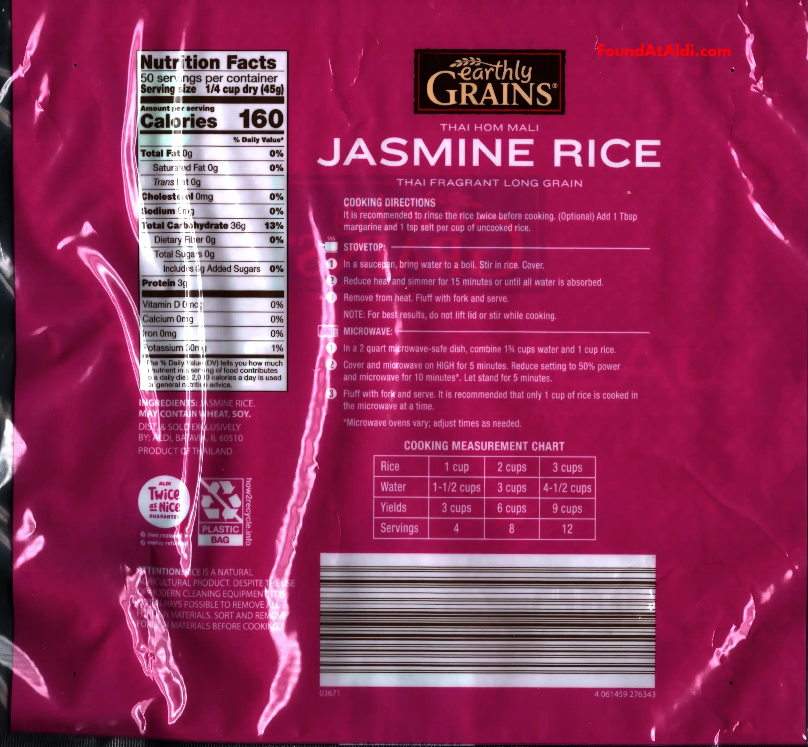 Earthly Grains Jasmine Rice Ingredients Nutrition Facts Cooking Directions