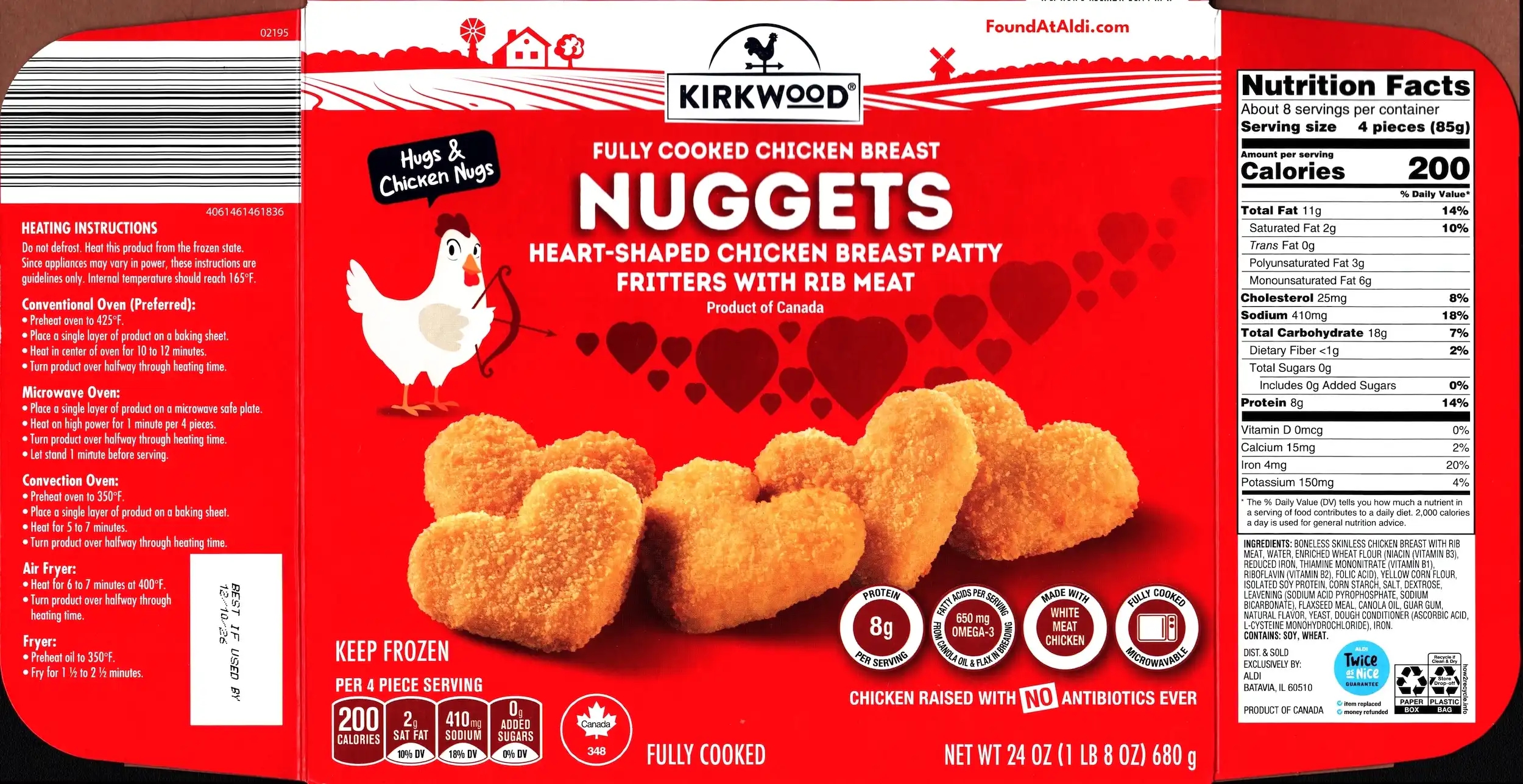 Kirkwood Heart-Shaped Chicken Breast Patty Fritters With Rib Meat Ingredients Nutrition Facts Cooking Directions