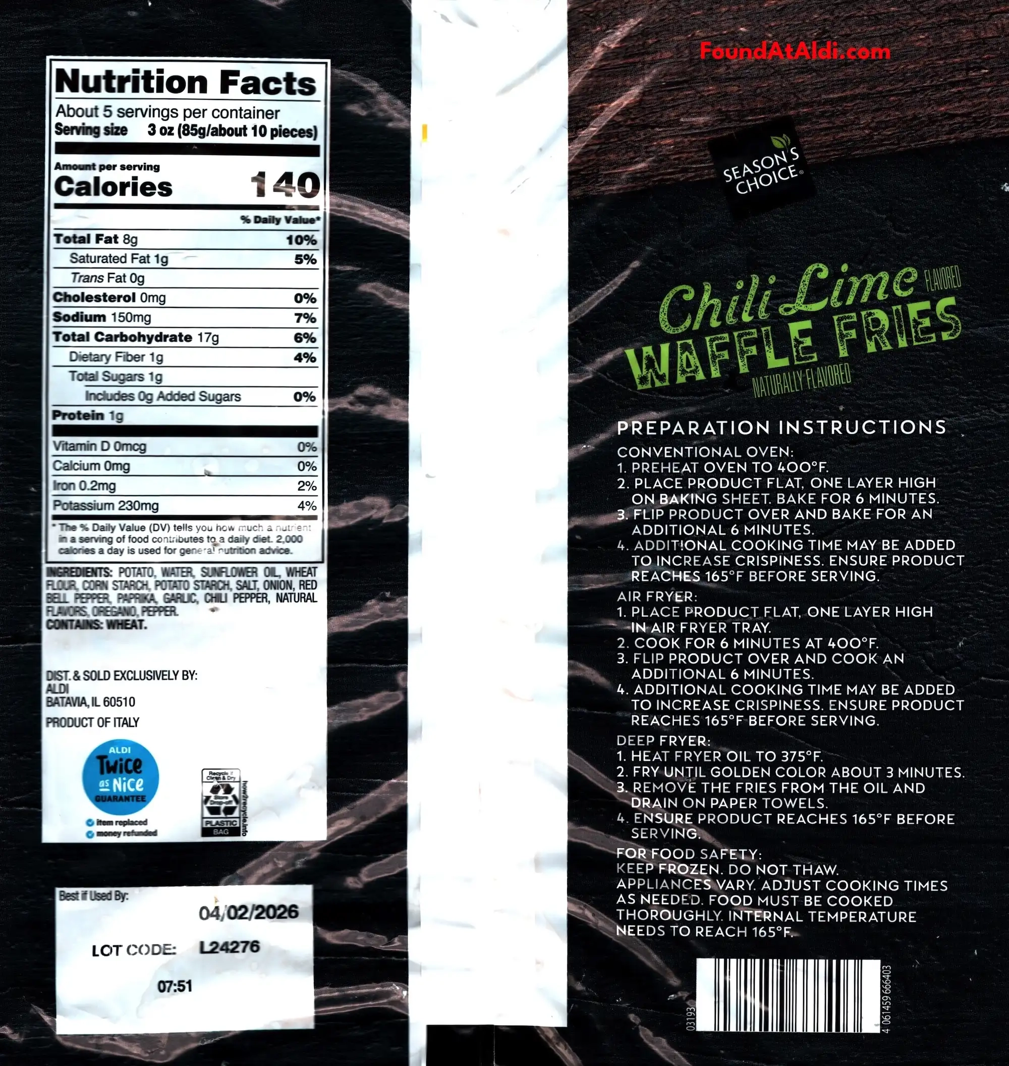 Season's Choice Chili Lime Flavored Waffle Fries Ingredients Nutrition Facts Cooking Directions