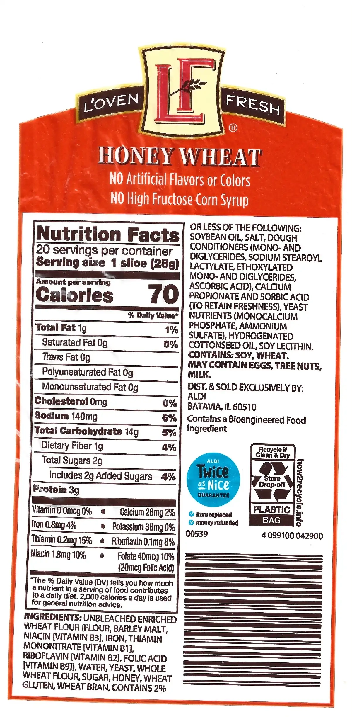 L'Oven Fresh Honey Wheat Bread Ingredients Nutrition Facts