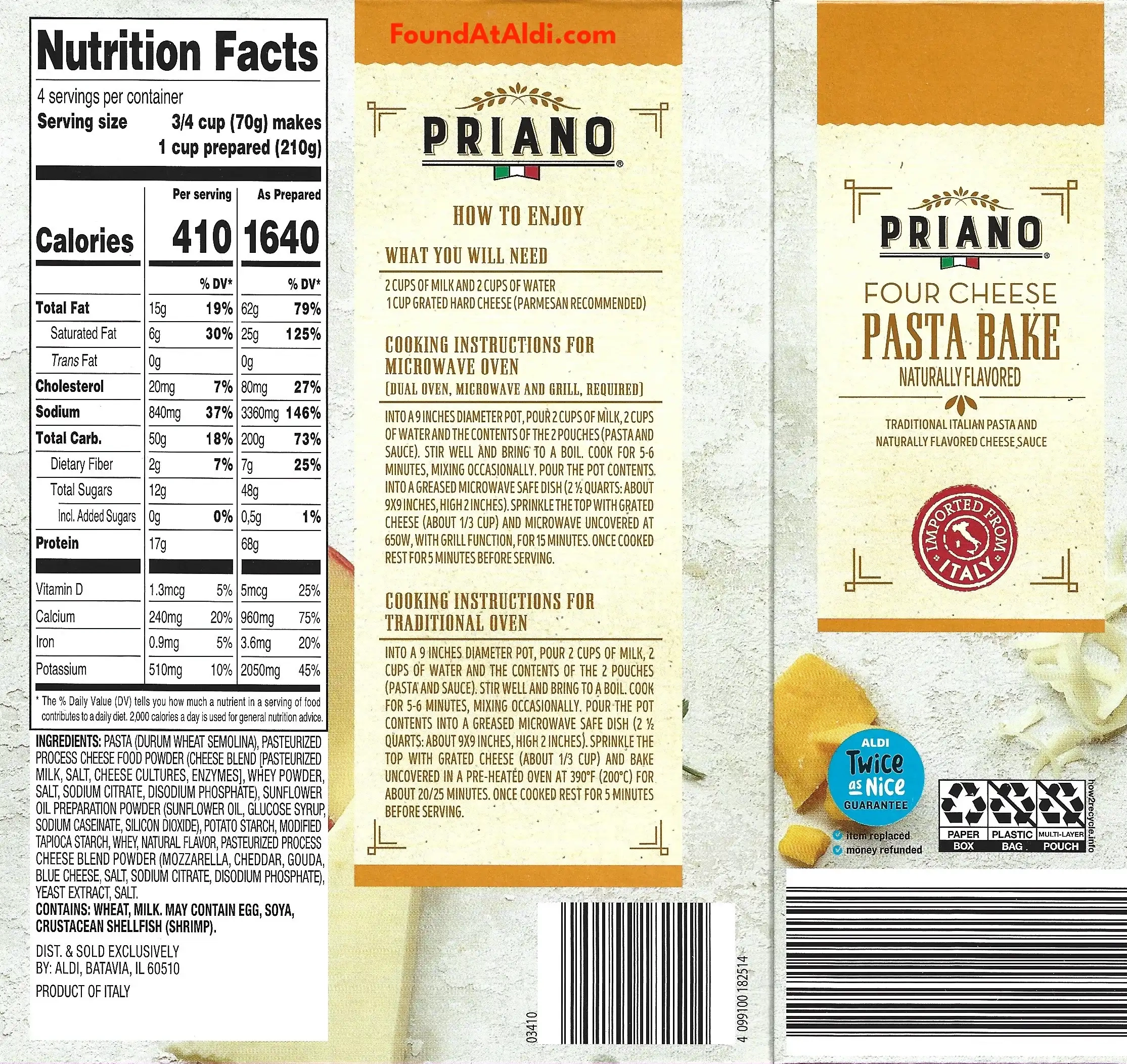 Priano Four Cheese Pasta Bake Ingredients Nutrition Facts Cooking Directions