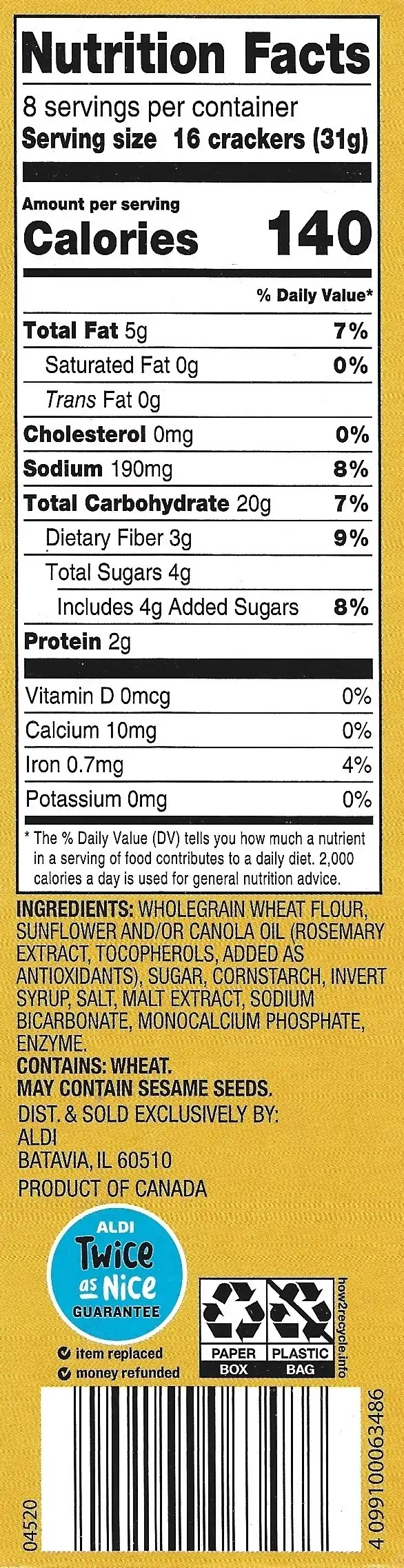 Savoritz Thin Wheat Original Crackers Nutrition Facts Ingredients