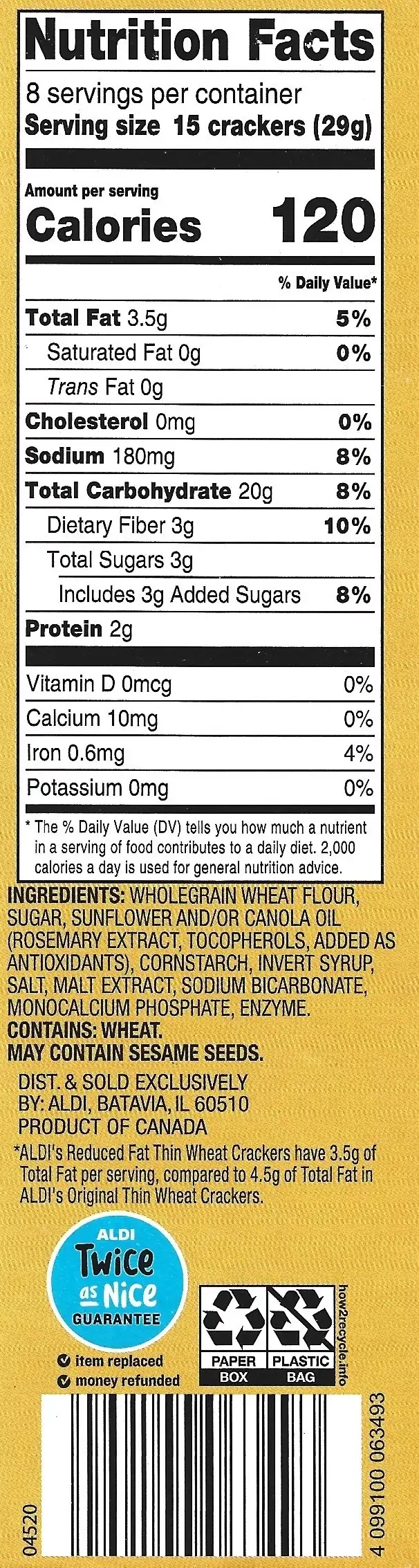 Savoritz Thin Wheat Reduced Fat Crackers Ingredients Nutrition Facts