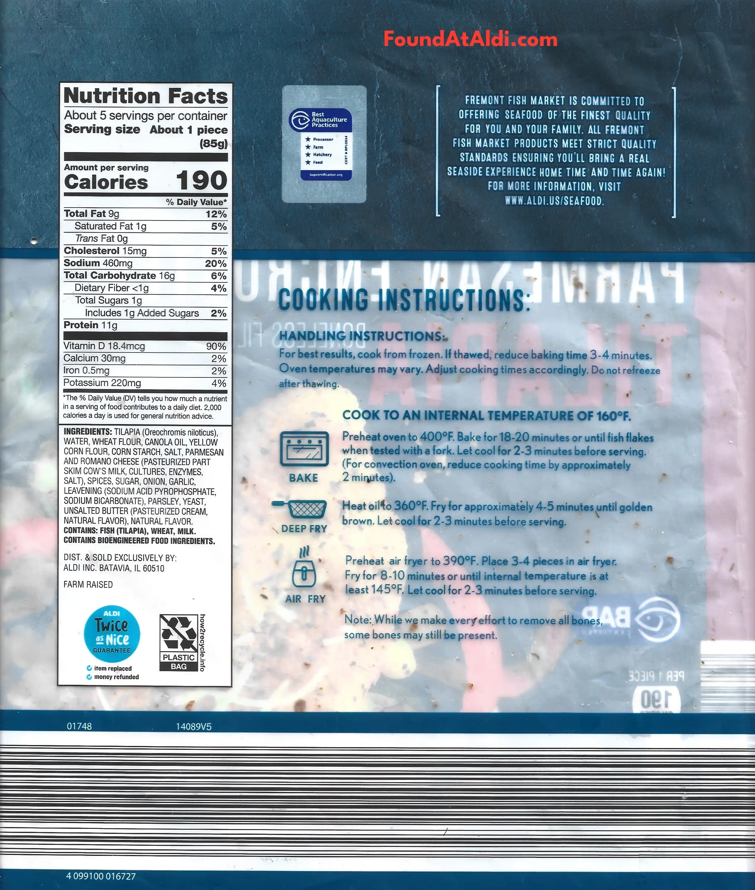 Fremont Fish Market Parmesan Encrusted Tilapia Ingredients Nutrition Facts Cooking Directions
