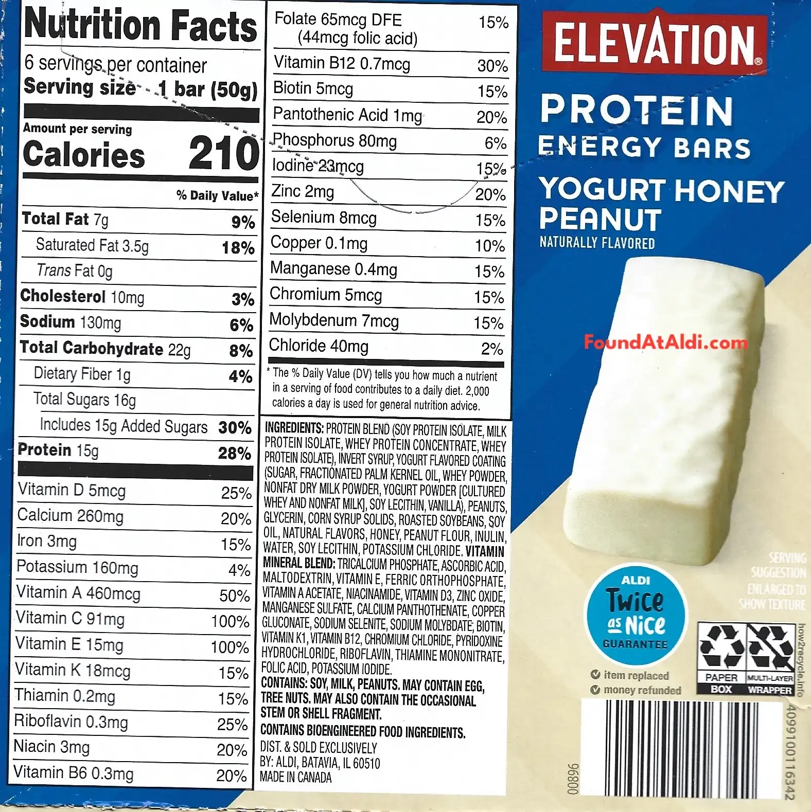 Elevation Protein Energy Bars Yogurt Honey Peanut Ingredients Nutrition Facts