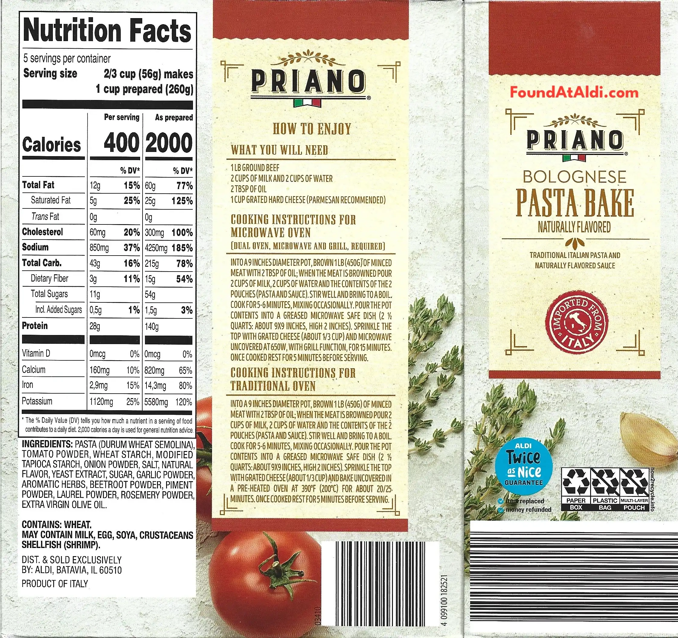 Priano Bolognese Pasta Bake Ingredients Nutrition Facts Cooking Directions
