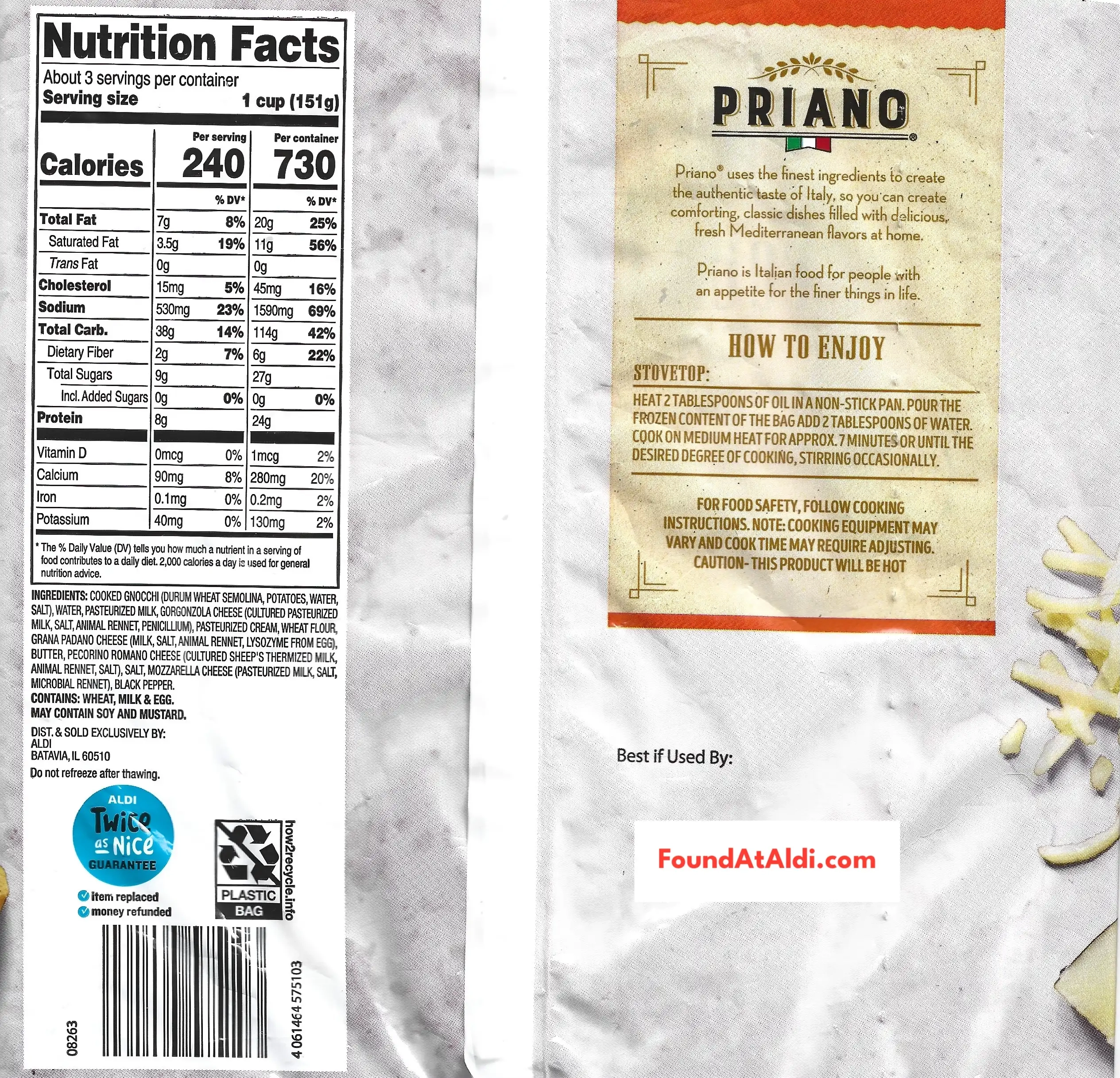 Priano Four Cheese Gnocchi Ingredients Nutrition Facts Cooking Directions