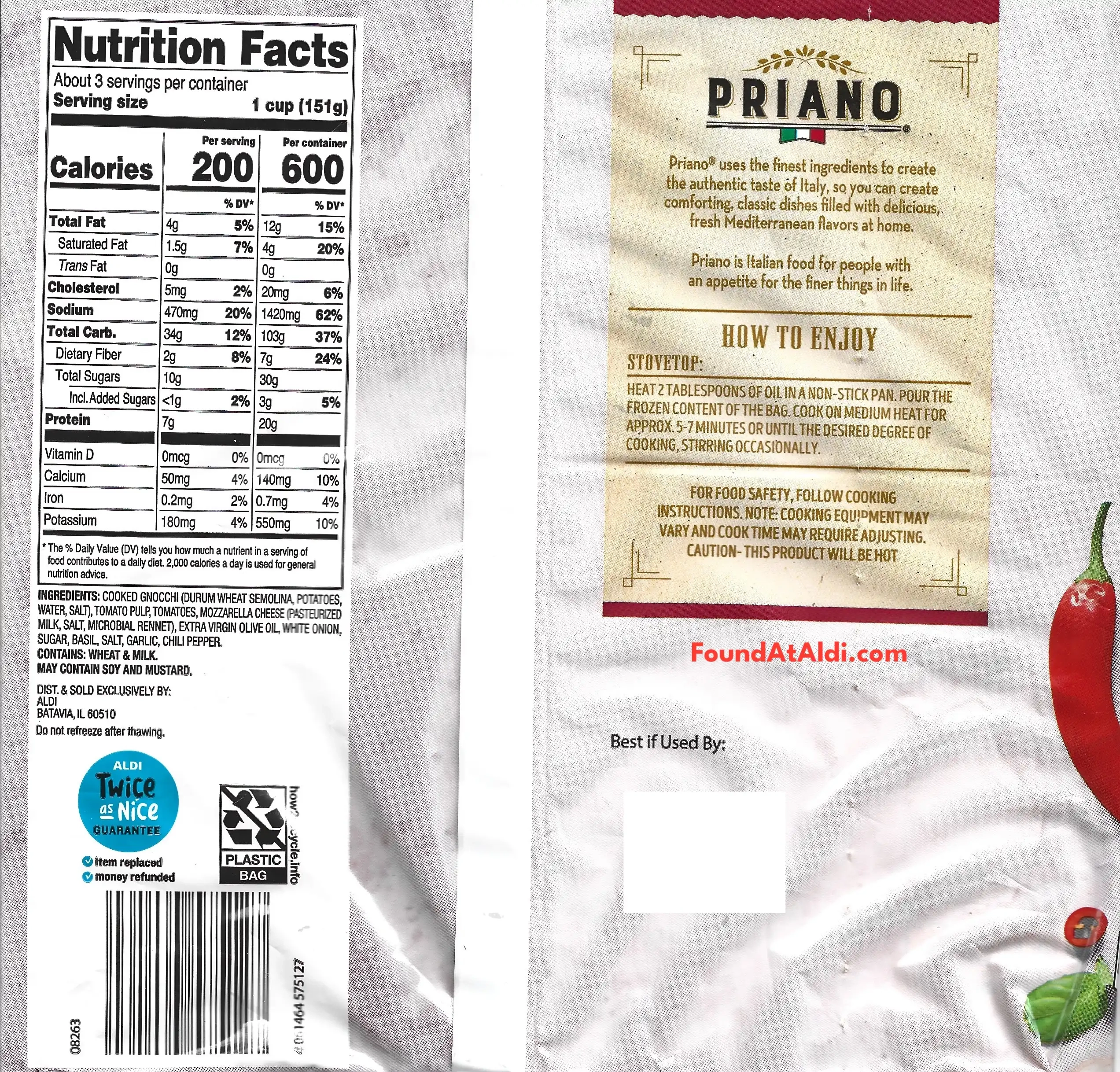 Priano Sorrentina Gnocchi Ingredients Nutrition Facts Cooking Directions