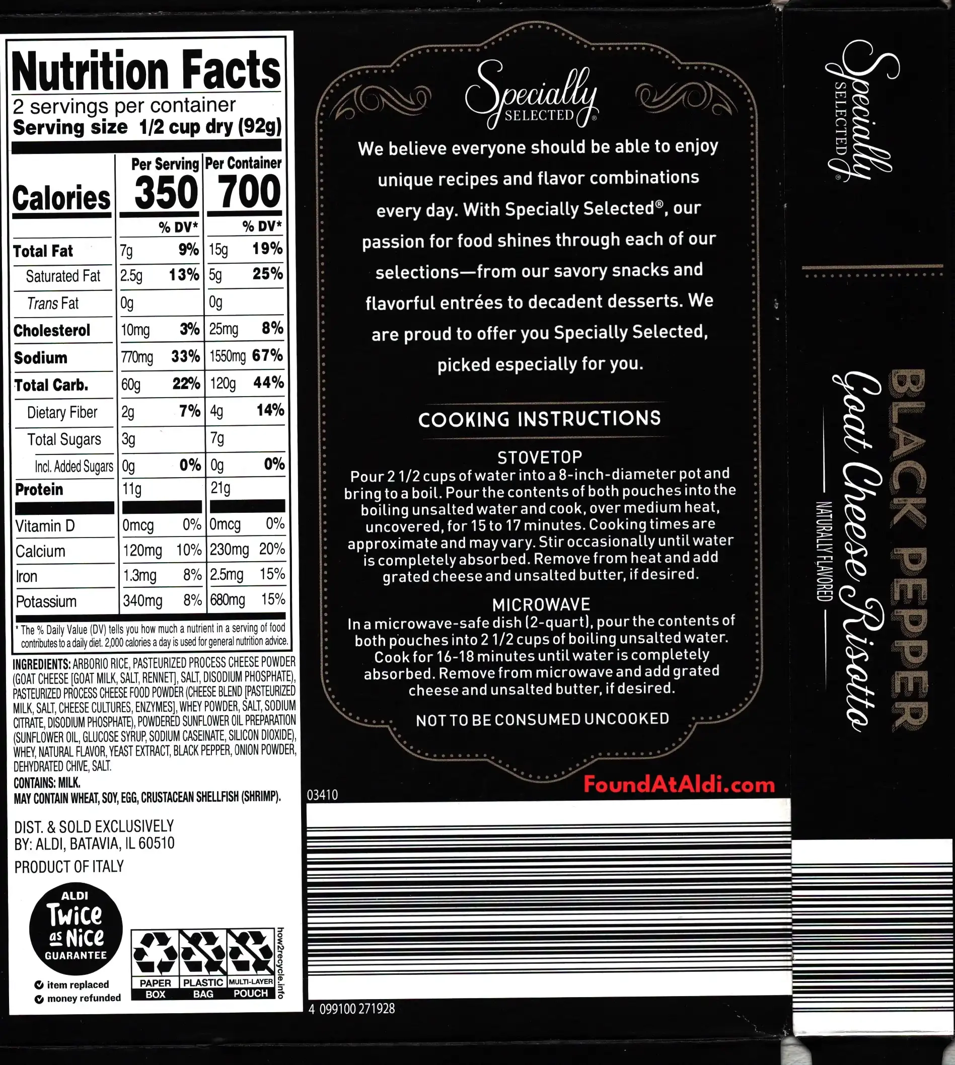 Specially Selected Black Pepper Goat Cheese Risotto Ingredients Nutrition Facts Cooking Directions
