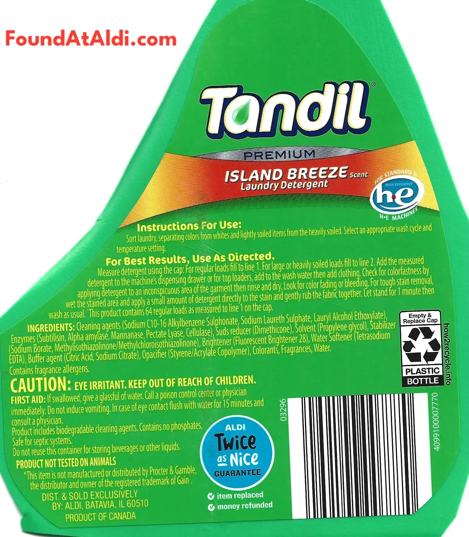 Tandil Premium Island Breeze Scent Laundry Detergent Directions Ingredients