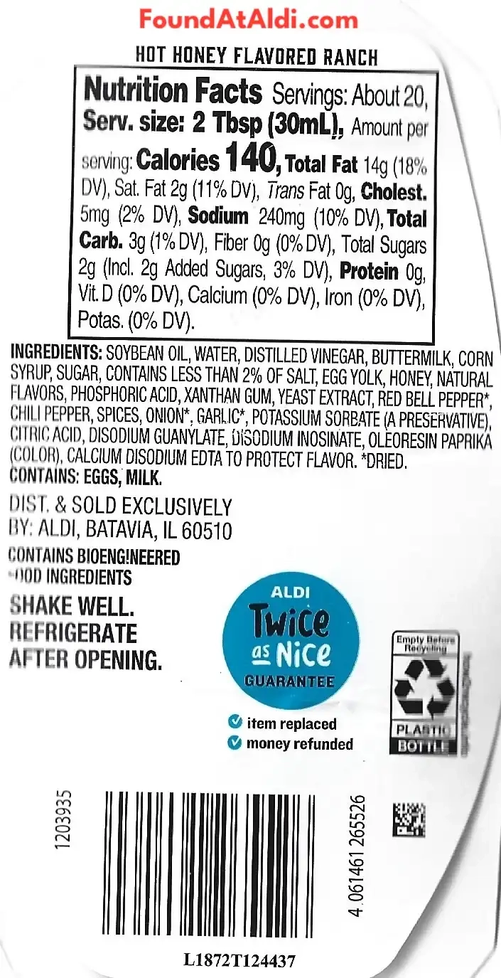 Tuscan Garden Hot Honey Flavored Ranch Condiment & Dressing Ingredients Nutrition Facts
