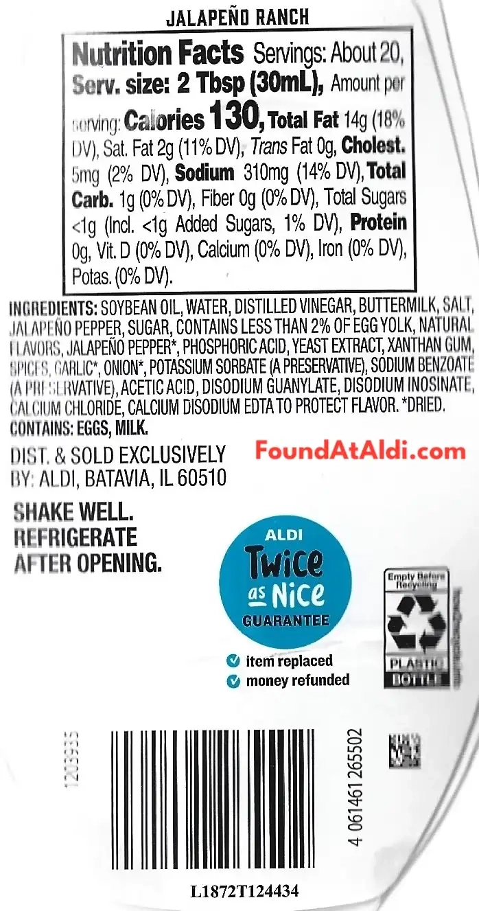 Tuscan Garden Jalapeno Flavored Ranch Condiment & Dressing Ingredients Nutrition Facts