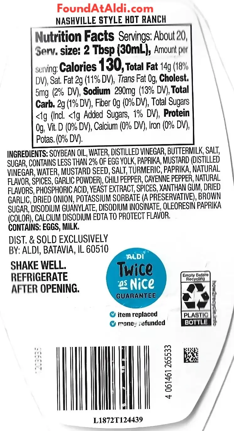 Tuscan Garden Nashville Style Hot Ranch Condiment & Dressing Ingredients Nutrition Facts