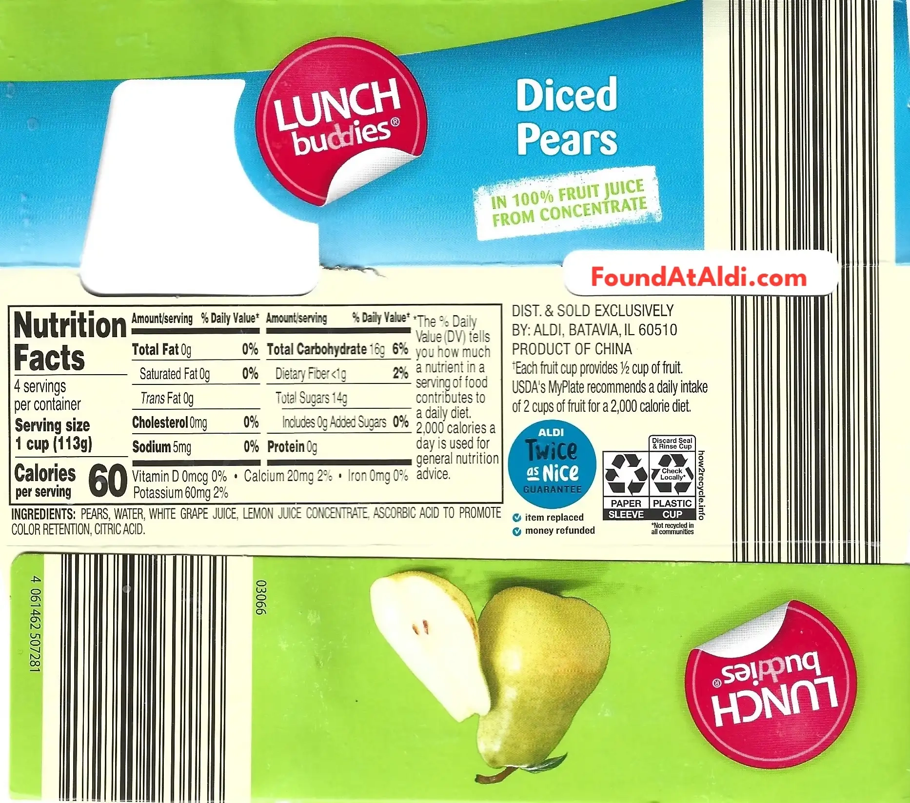Lunch Buddies Diced Pears Ingredients Nutrition Facts