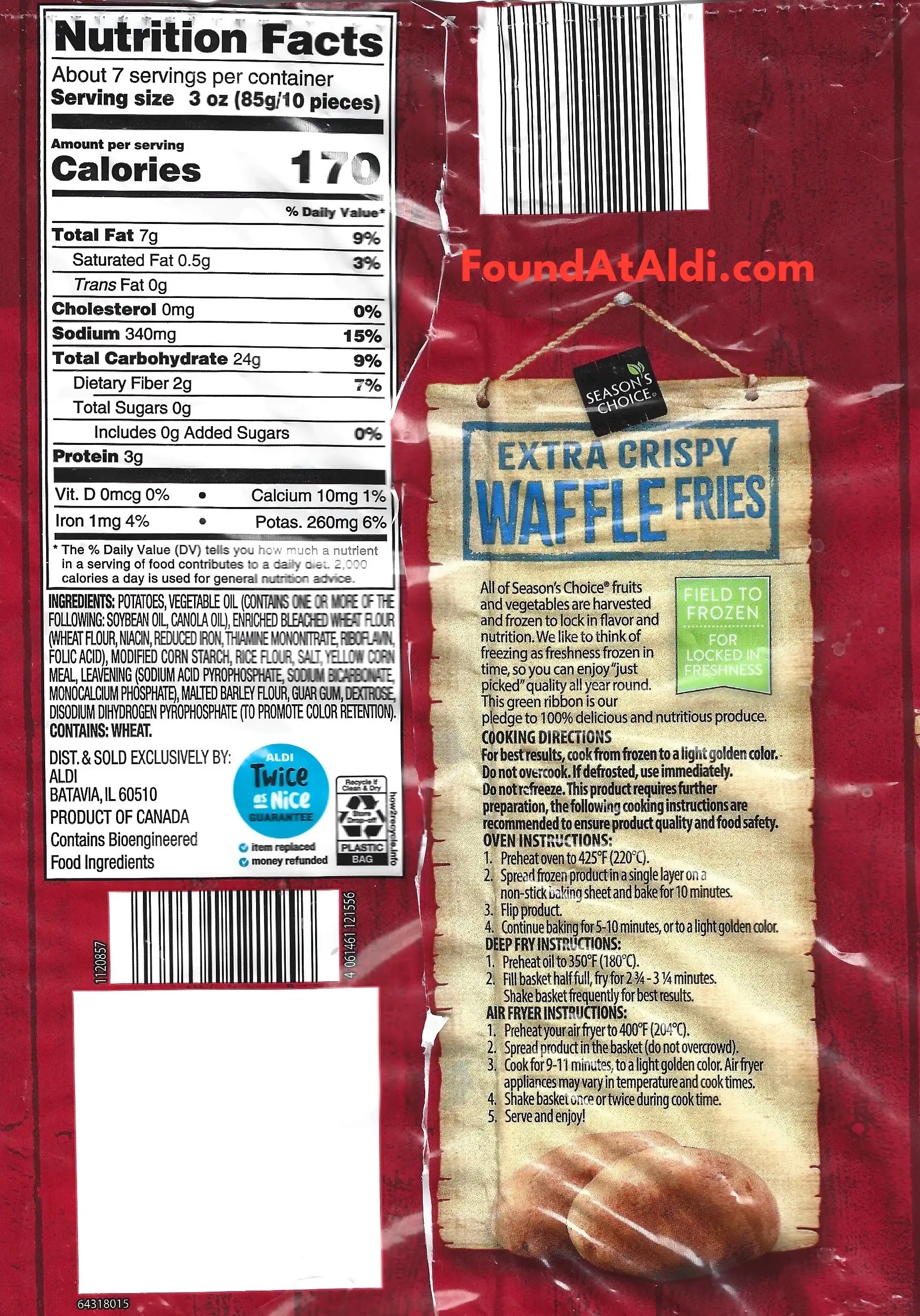 Season's Choice Extra Crispy Waffle Fries Ingredients Nutrition Facts Cooking Directions