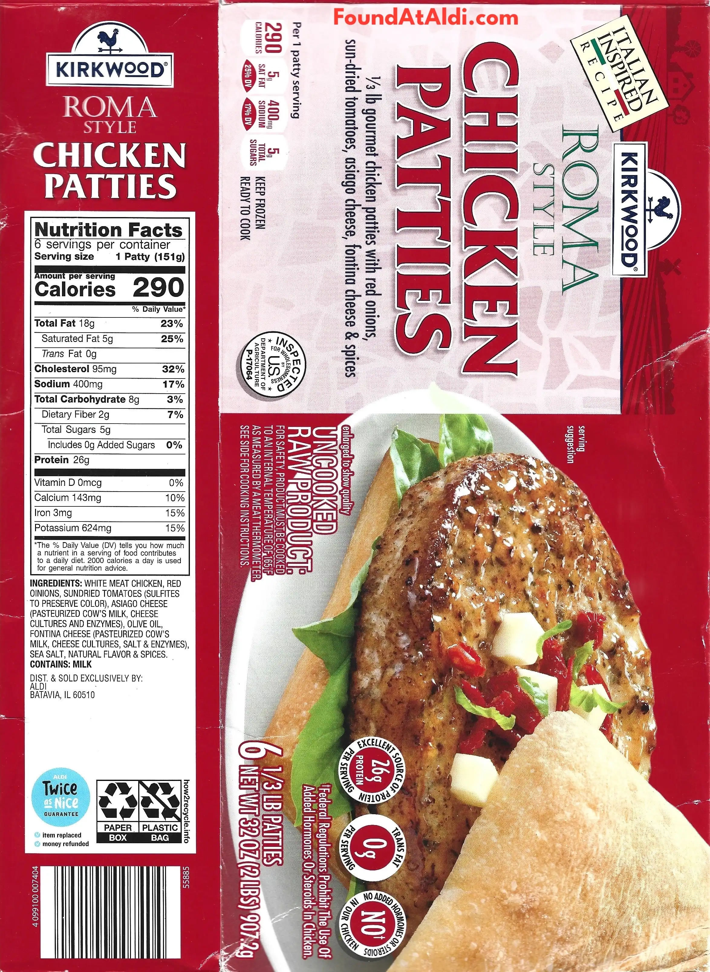 Kirkwood Roma Style Chicken Patties Ingredients Nutrition Facts