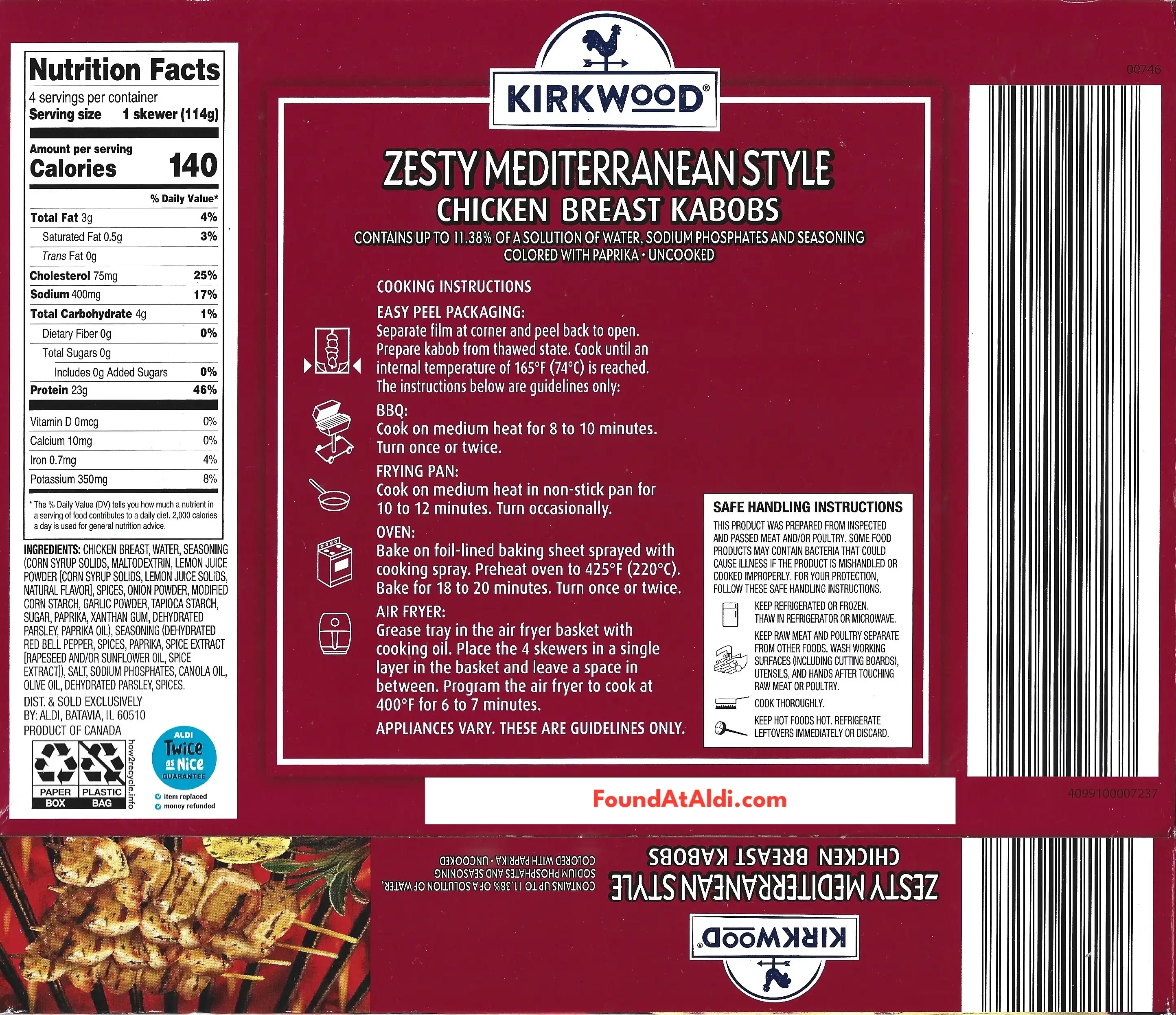 Kirkwood Zesty Mediterranean Style Chicken Breast Kabobs Ingredients Nutrition Facts Cooking Directions