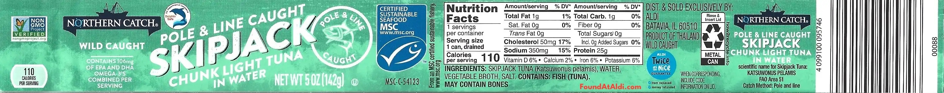 Northern Catch SkipJack Chunk Light Tuna In Water Ingredients Nutrition Facts