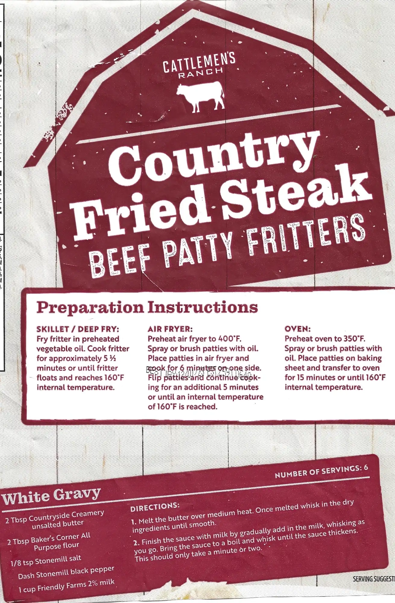 Cattlemen's Ranch Country Fried Steak Cooking Directions