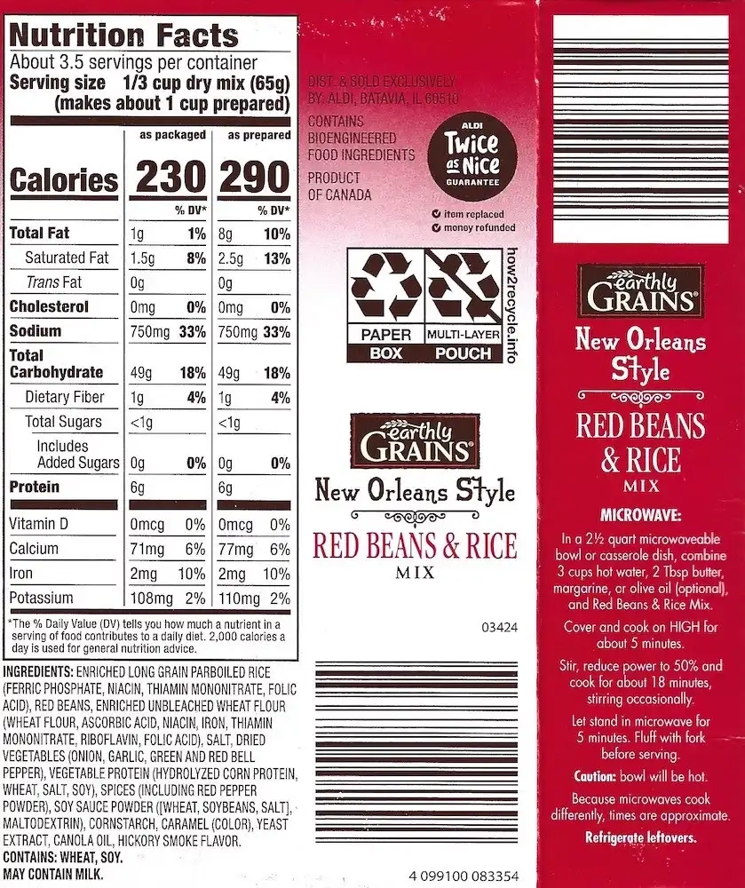 Earthly Grains New Orleans Style Red Beans and Rice Mix Ingredients Nutrition Facts