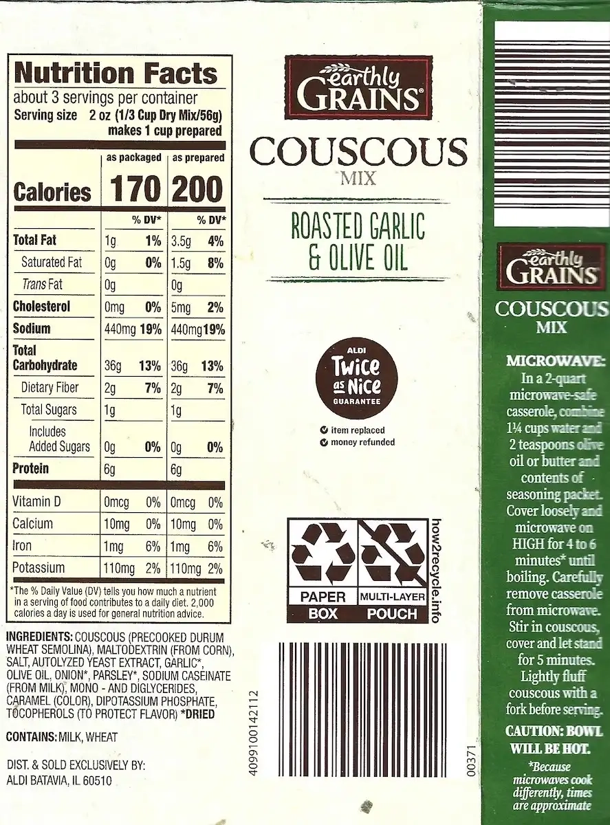 Earthly Grains Couscous Mix Roasted Garlic & Olive Oil Cooking Directions Ingredients Nutrition Facts