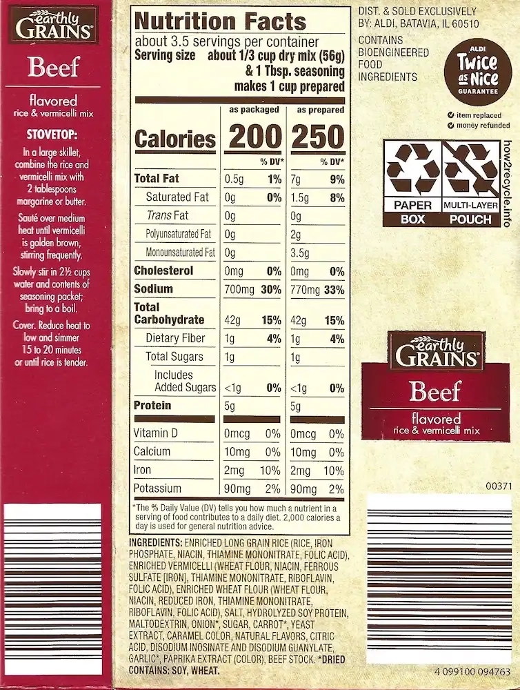 Earthly Grains Beef Flavored Rice & Vermicelli Mix Cooking Directions Ingredients Nutrition Facts